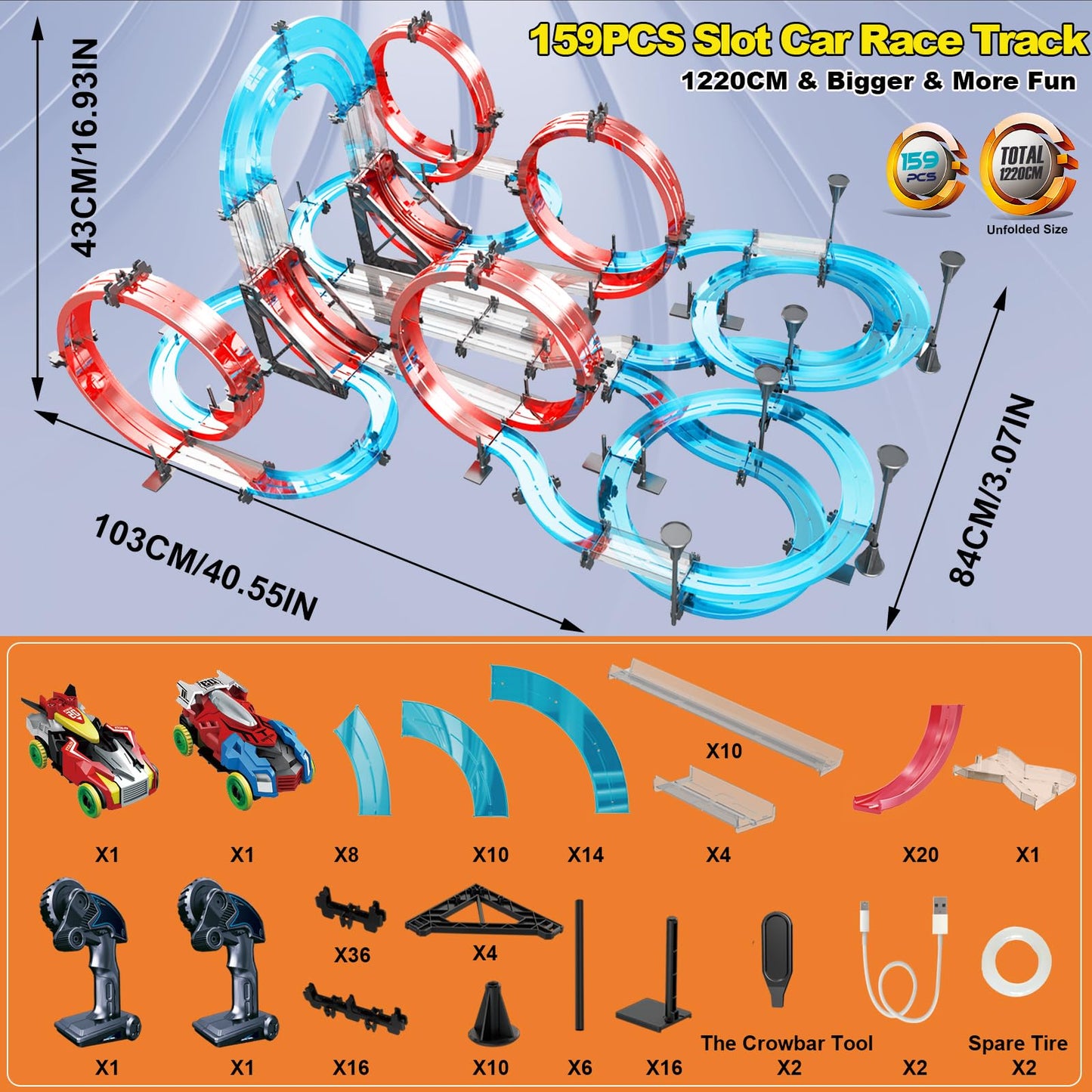 BUBUQE Slot Car Race Track Sets – Dual-Player Magnetic RC Cars & 40 Ft Overpass Track