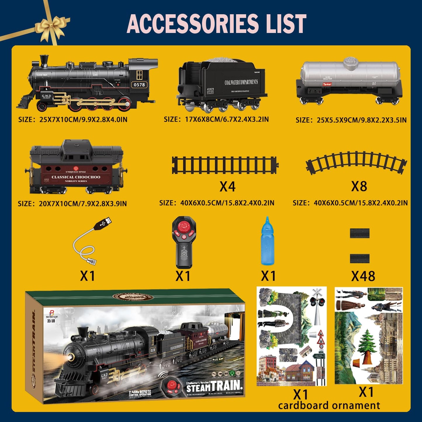 BUBUQE Electric Remote Control Train Set – Steam Locomotive with Smoke & Lights