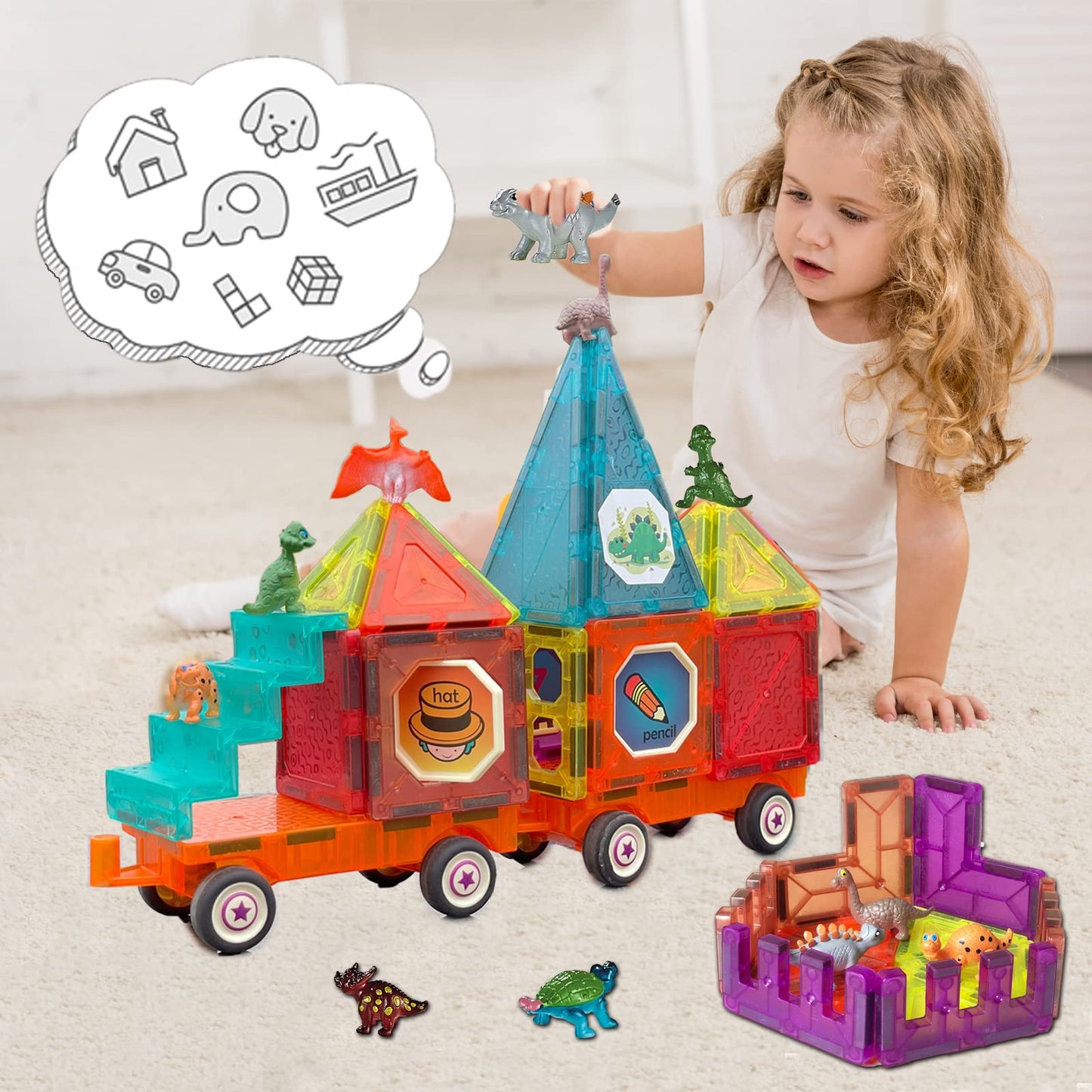BUBUQE Magnetic Tiles Building Blocks with 4 Car Bases – STEM Toy for Kids, Toddlers & Preschoolers