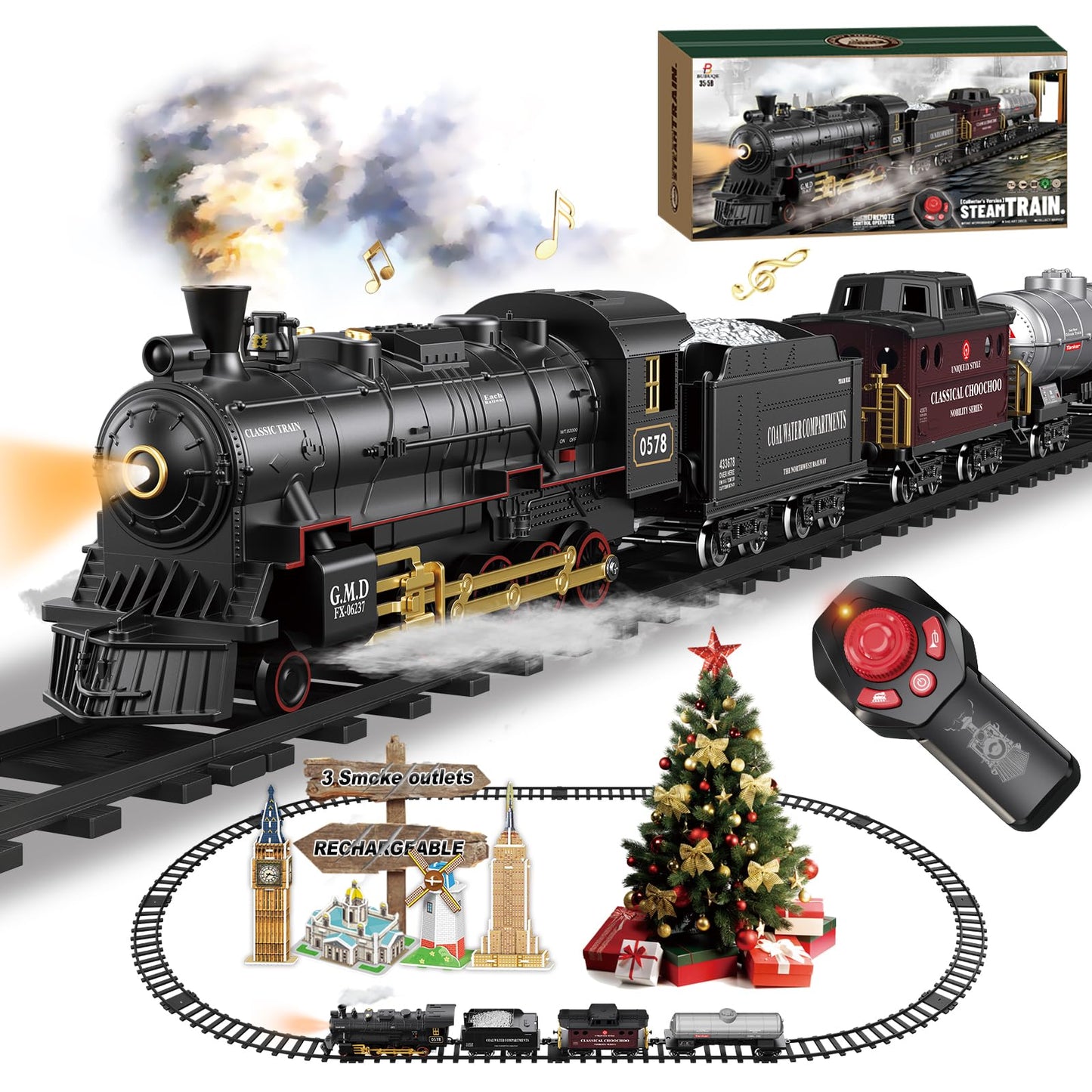 BUBUQE Electric Remote Control Train Set – Steam Locomotive with Smoke & Lights