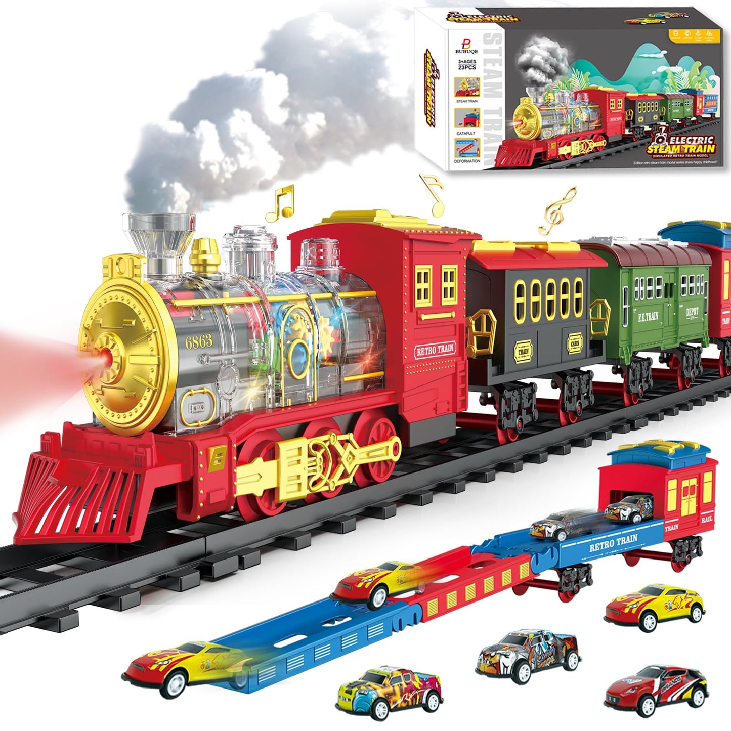 BUBUQE USB Rechargeable Electric Train Set with Smoke, Lights & Sound (Ages 3-8)