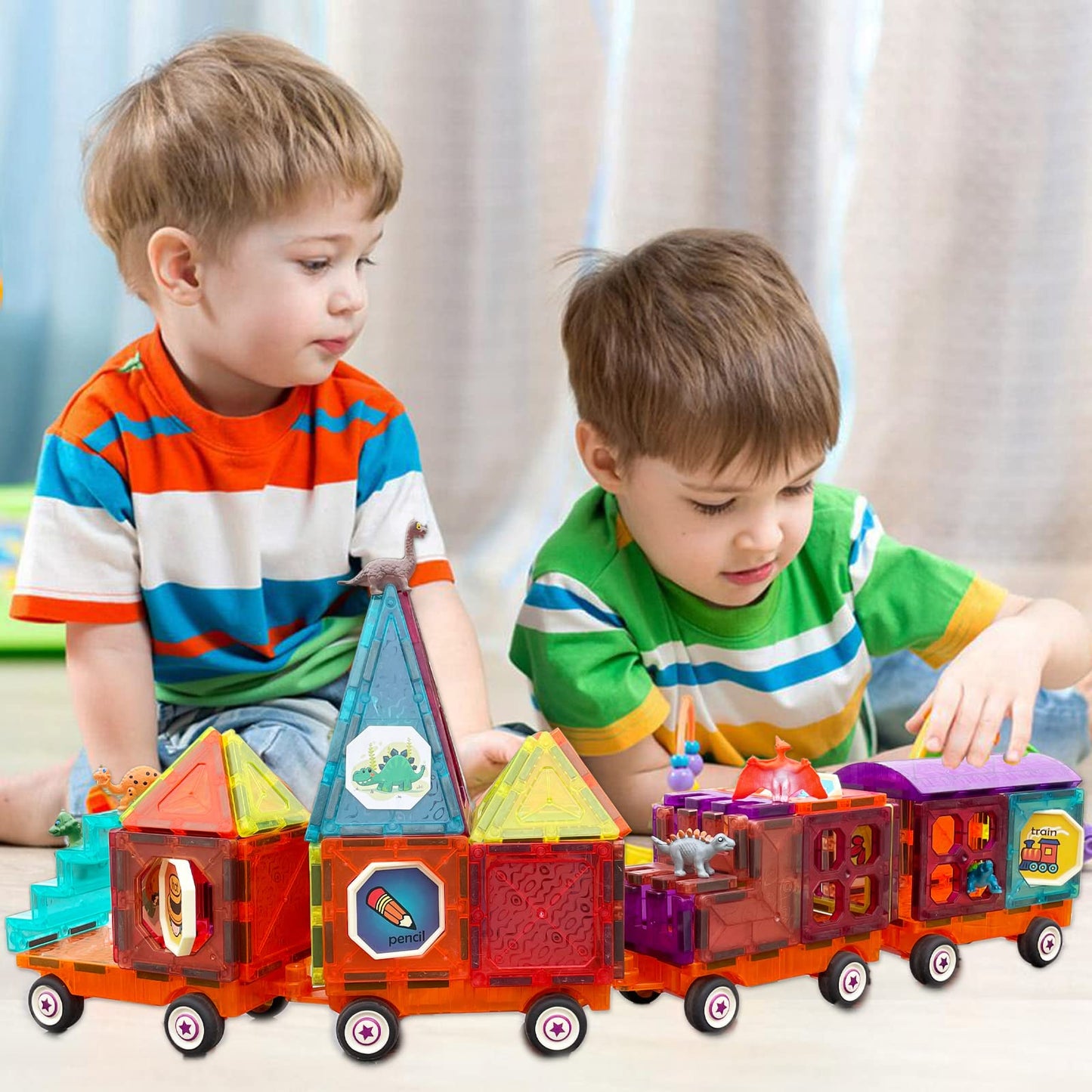 BUBUQE Magnetic Tiles Building Blocks with 4 Car Bases – STEM Toy for Kids, Toddlers & Preschoolers