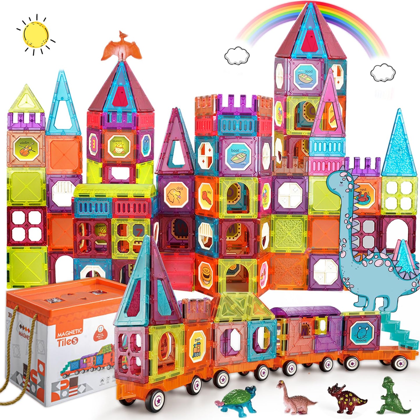 BUBUQE Magnetic Tiles Building Blocks with 4 Car Bases – STEM Toy for Kids, Toddlers & Preschoolers