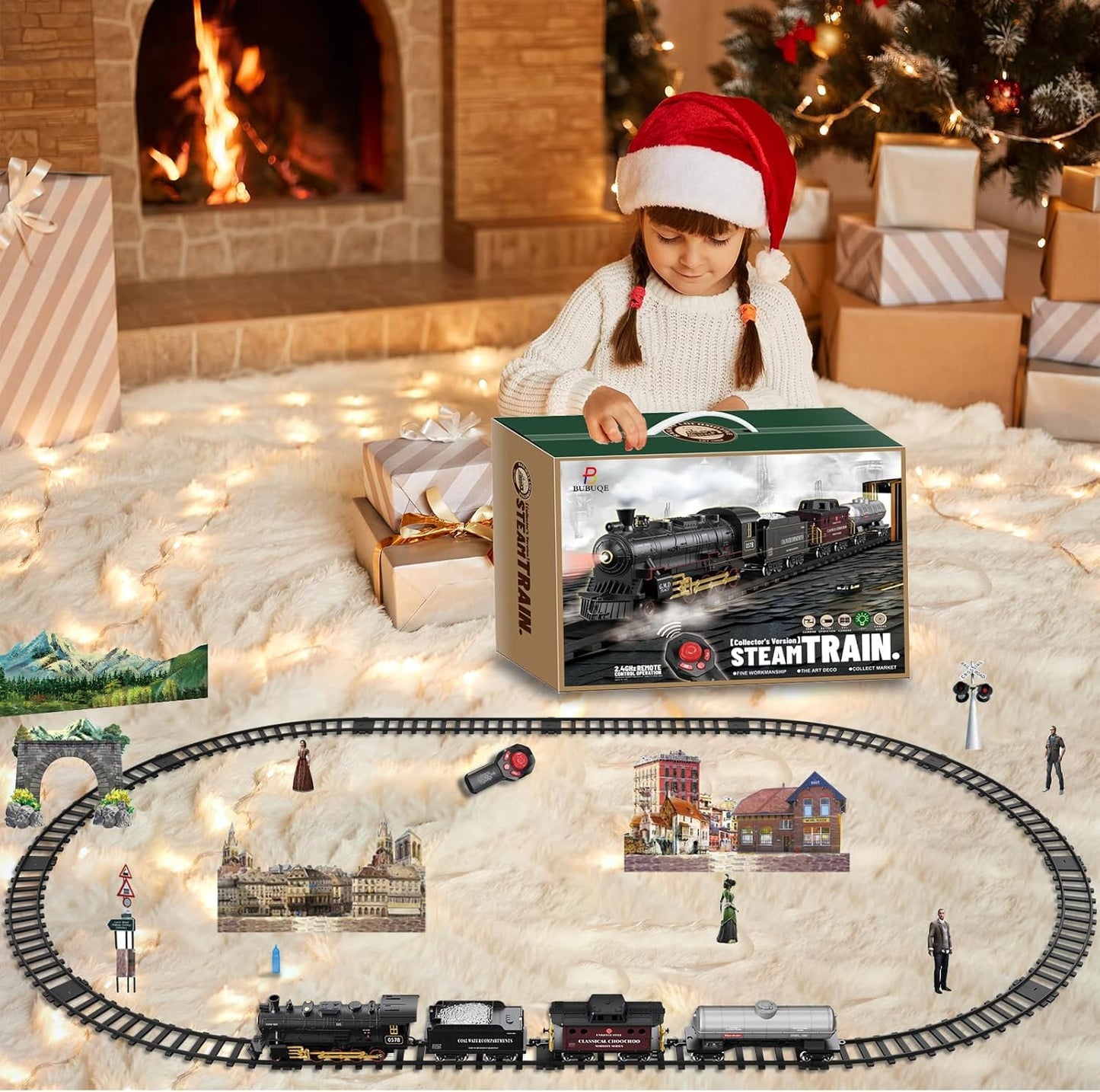 BUBUQE Electric Remote Control Train Set – Steam Locomotive with Smoke & Lights