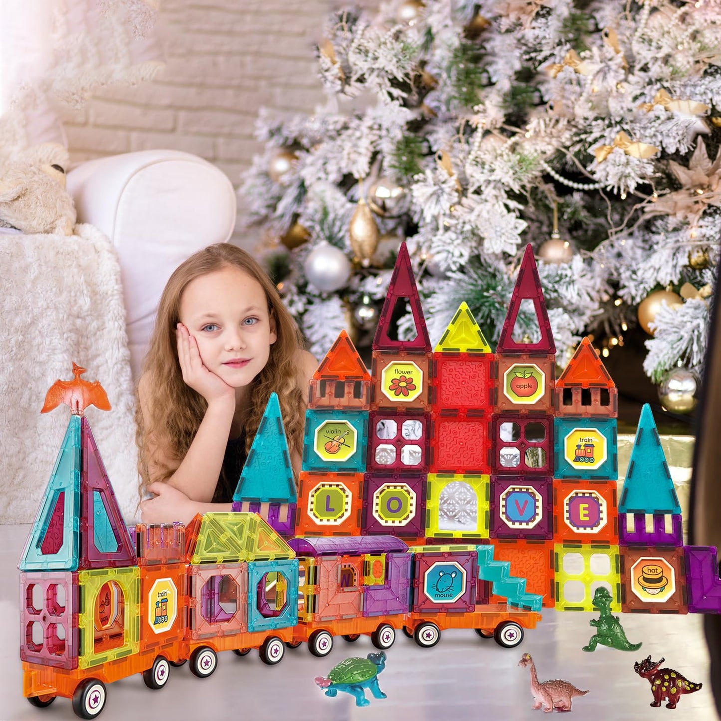 BUBUQE Magnetic Tiles Building Blocks with 4 Car Bases – STEM Toy for Kids, Toddlers & Preschoolers