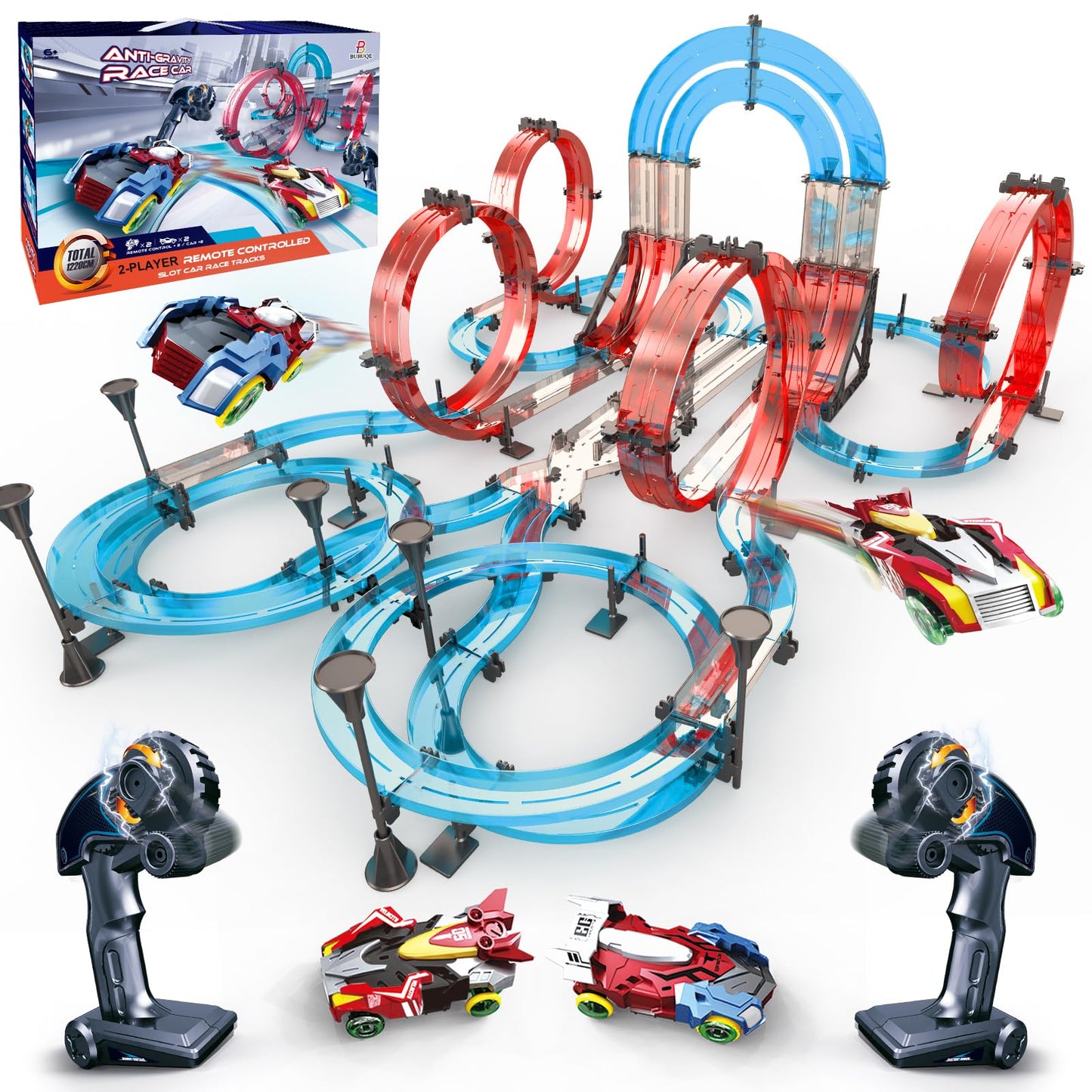 BUBUQE Slot Car Race Track Sets – Dual-Player Magnetic RC Cars & 40 Ft Overpass Track
