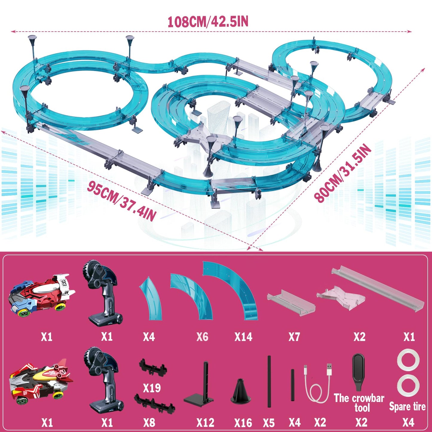 BUBUQE Slot Car Track Set — 2-Player RC Racing with Overpass