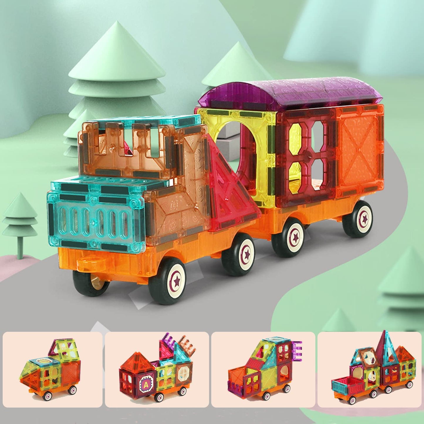 BUBUQE Magnetic Tiles Building Blocks with 4 Car Bases – STEM Toy for Kids, Toddlers & Preschoolers