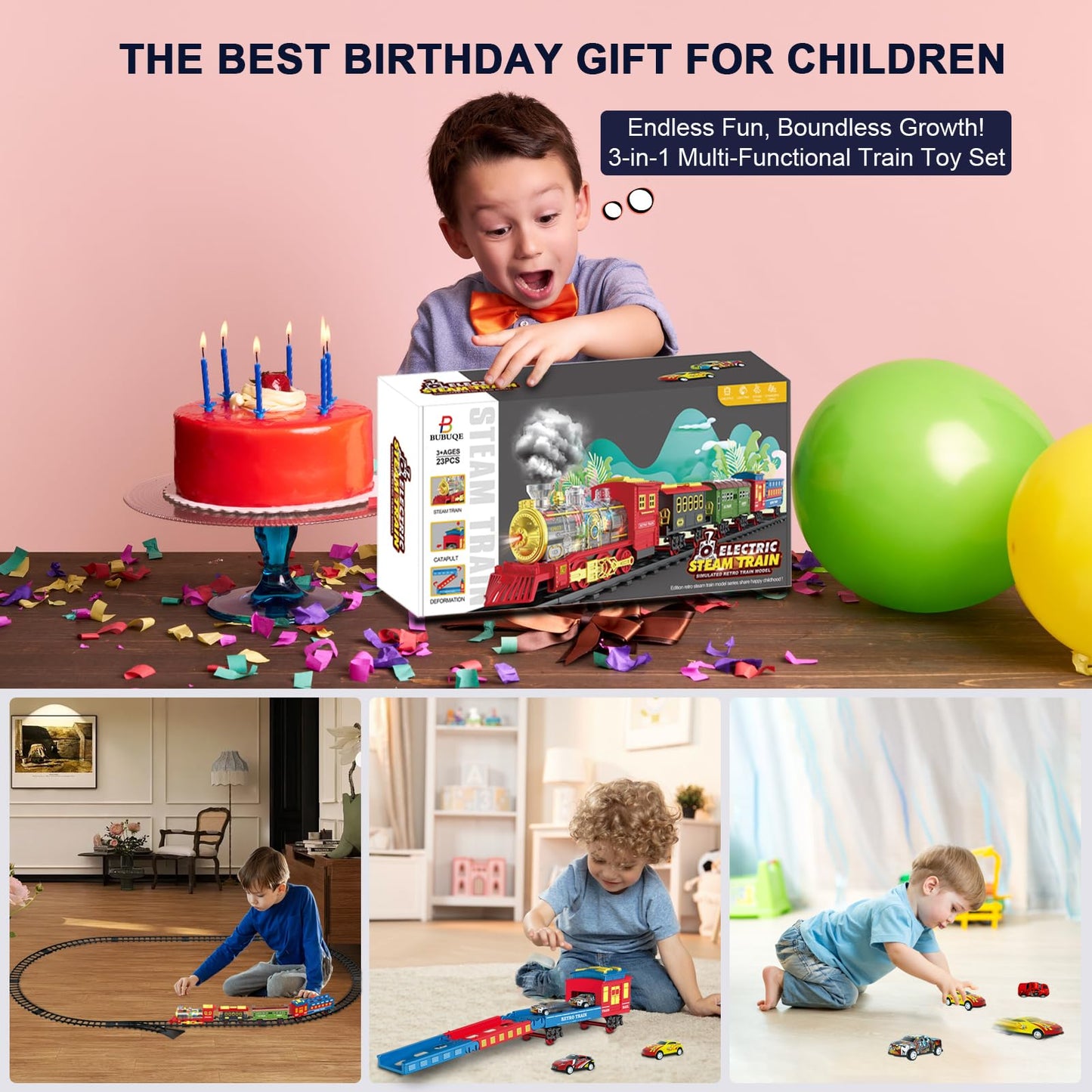 BUBUQE USB Rechargeable Electric Train Set with Smoke, Lights & Sound (Ages 3-8)