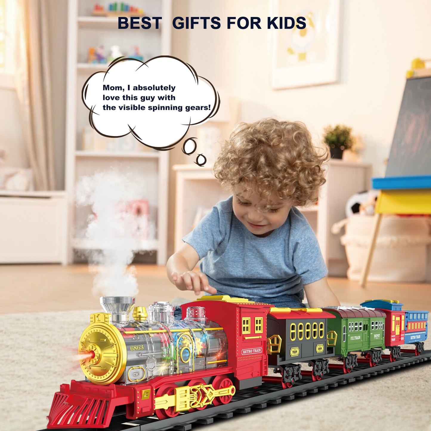 BUBUQE USB Rechargeable Electric Train Set with Smoke, Lights & Sound (Ages 3-8)