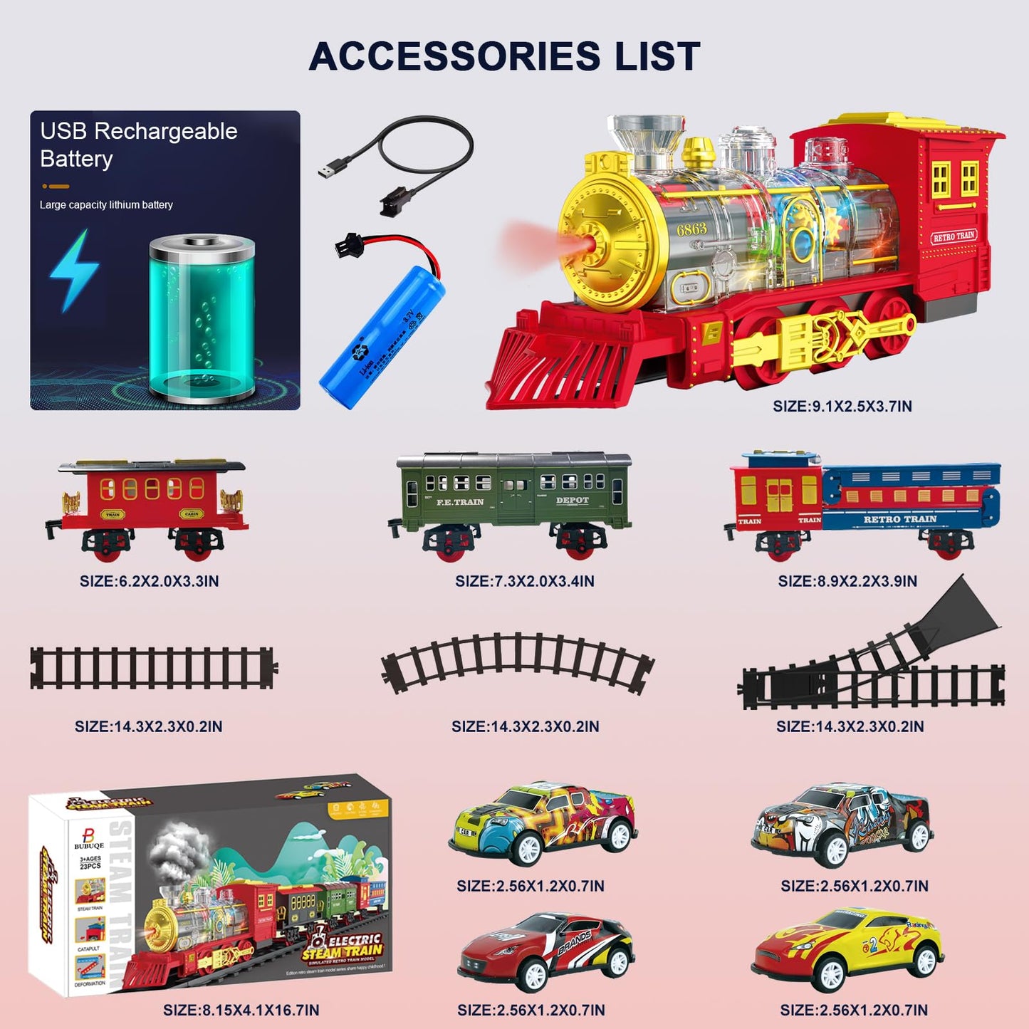 BUBUQE USB Rechargeable Electric Train Set with Smoke, Lights & Sound (Ages 3-8)