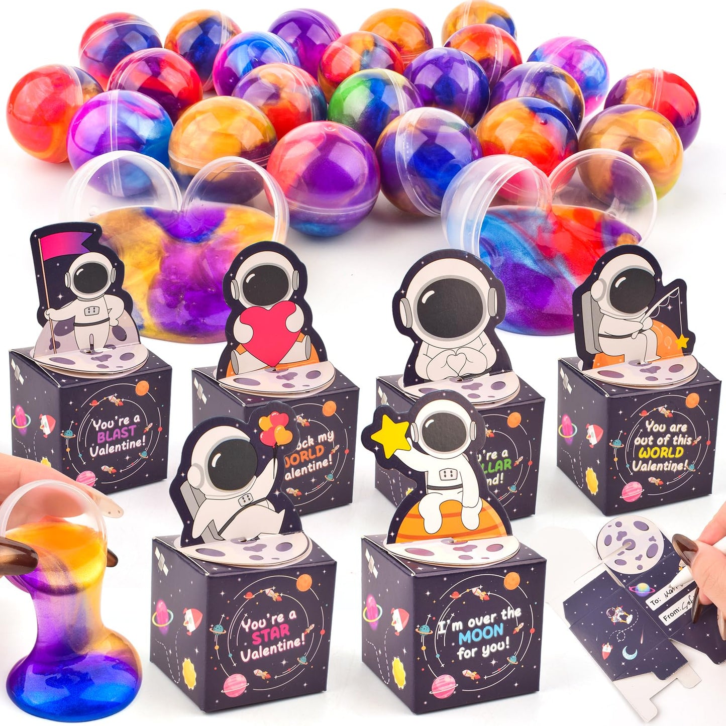 Bucaikein 24-Pack Galaxy Slime Gift Box | Valentine Cards & Fidget Toys