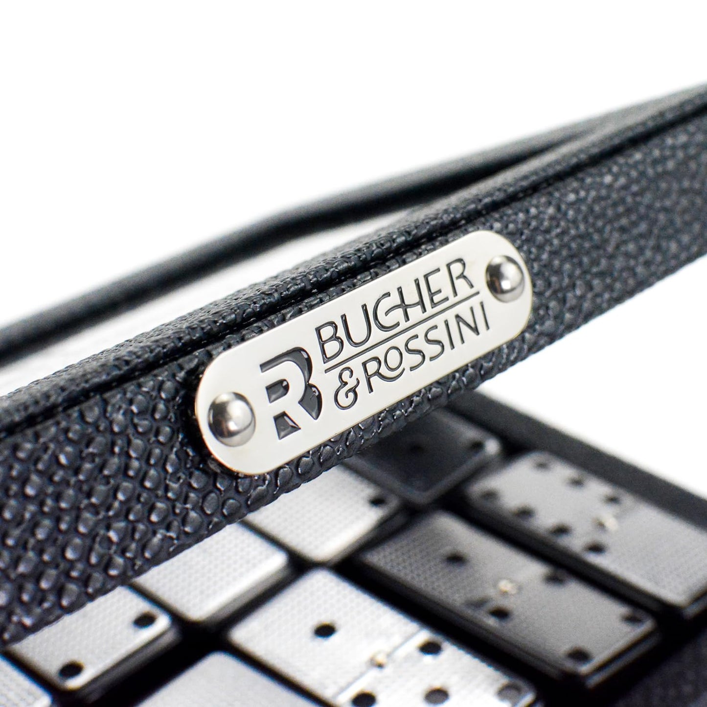 Bucher&Rossini Metal Surface Dominoes Set Double 6 – Black Tiles with Leather Case
