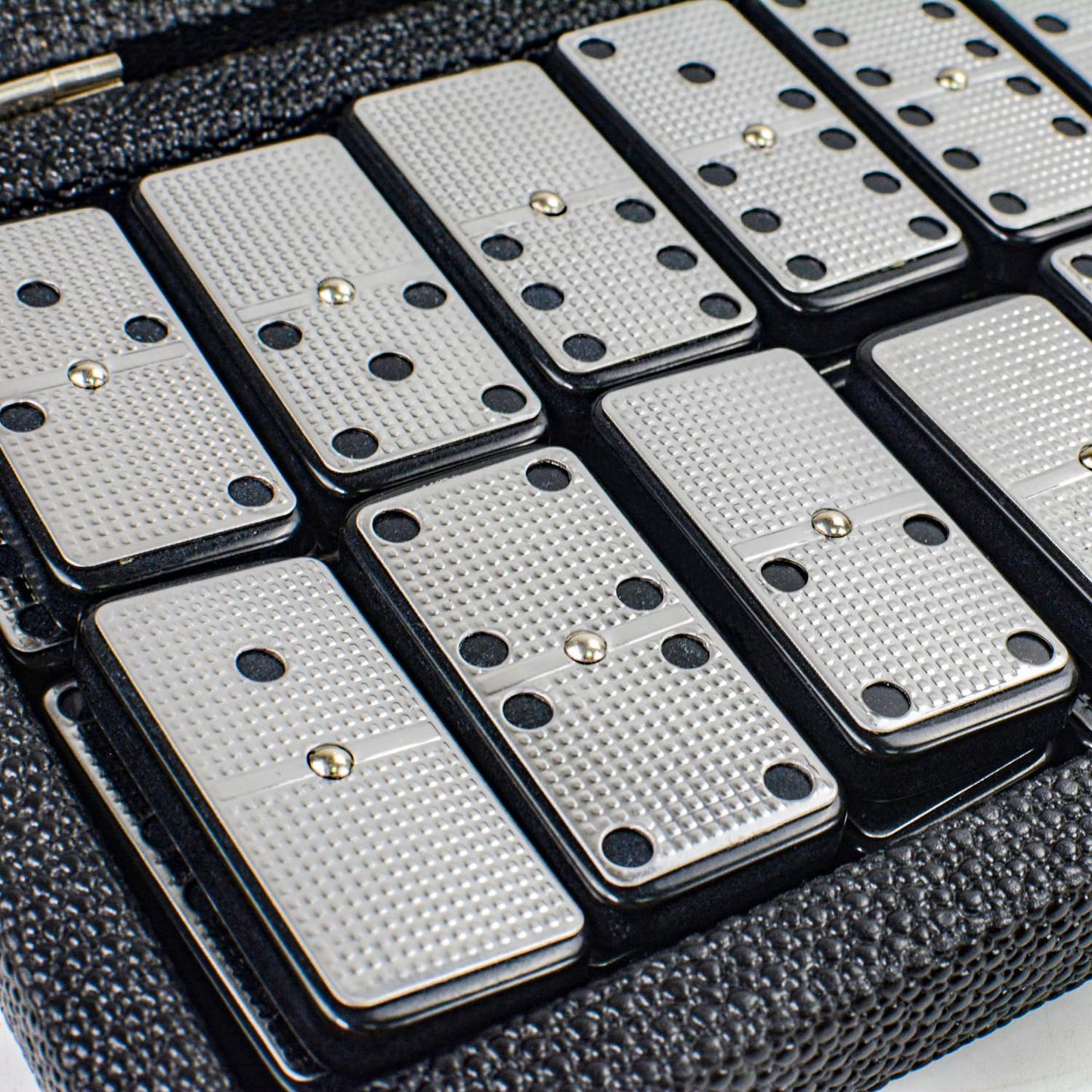 Bucher&Rossini Metal Surface Dominoes Set Double 6 – Black Tiles with Leather Case