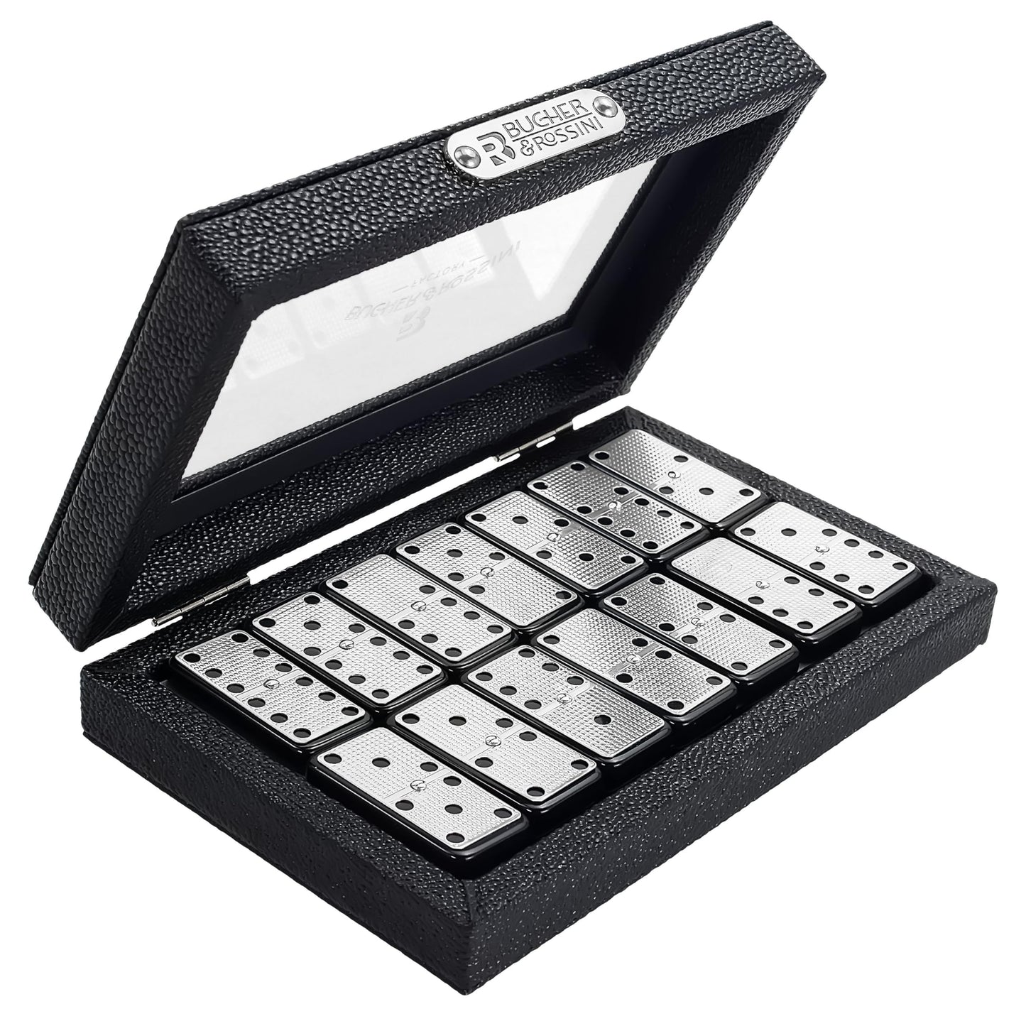 Bucher&Rossini Metal Surface Dominoes Set Double 6 – Black Tiles with Leather Case