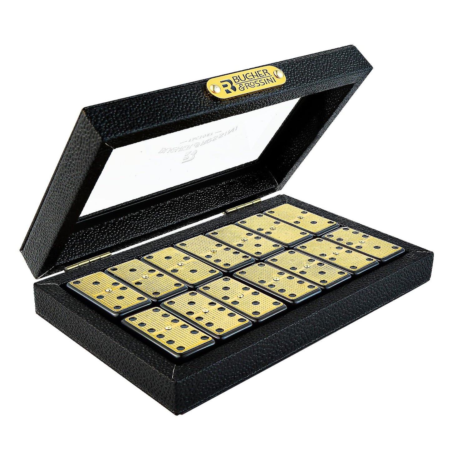 Bucher&Rossini Metal Surface Dominoes Set – Double 6, Gold Finish for Family Game Night