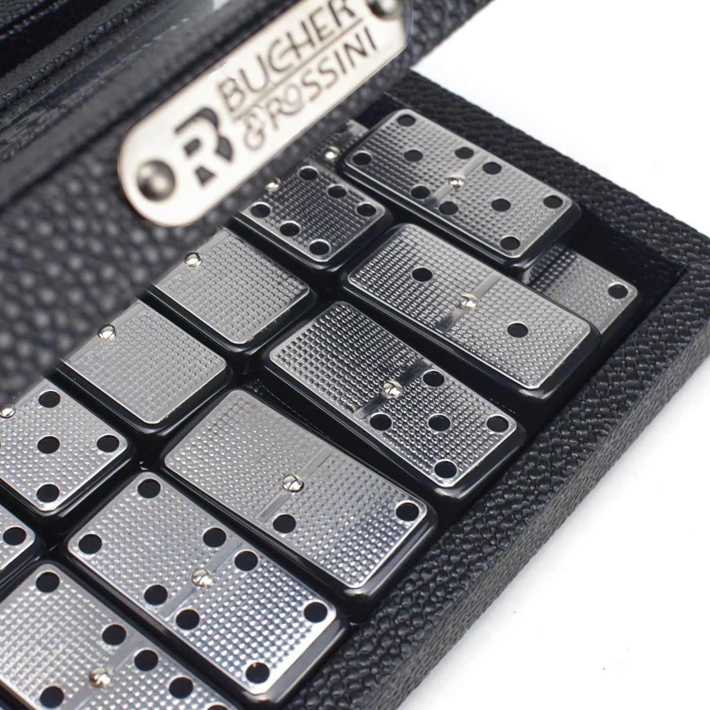 Bucher&Rossini Metal Surface Dominoes Set Double 6 – Black Tiles with Leather Case