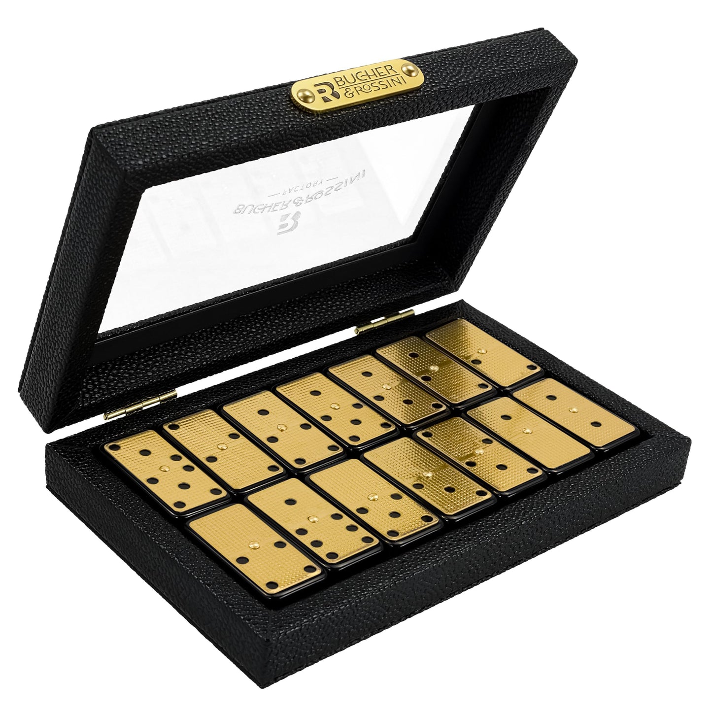 Bucher&Rossini Metal Surface Dominoes Set – Double 6, Gold Finish for Family Game Night