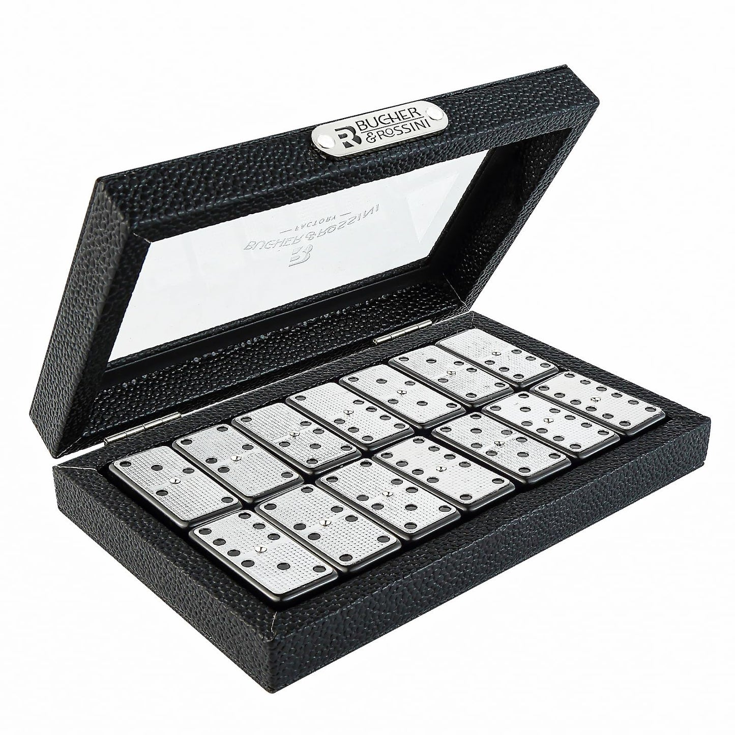Bucher&Rossini Metal Surface Dominoes Set Double 6 – Black Tiles with Leather Case