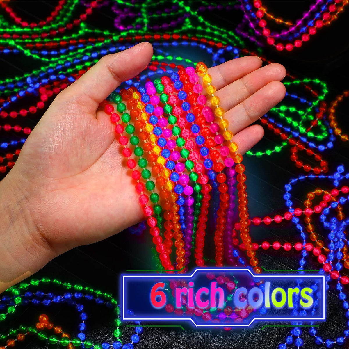 Bucherry 30 Pcs Neon Glow Mardi Gras Beads — Light Up 6 Colors, 33in Necklaces