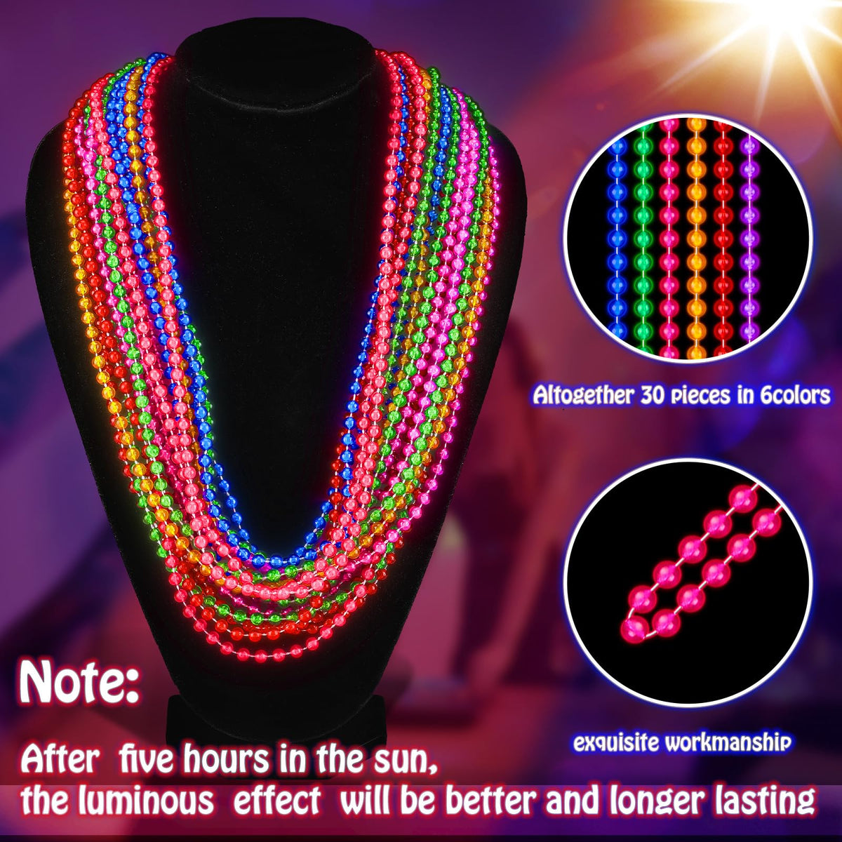 Bucherry 30 Pcs Neon Glow Mardi Gras Beads — Light Up 6 Colors, 33in Necklaces