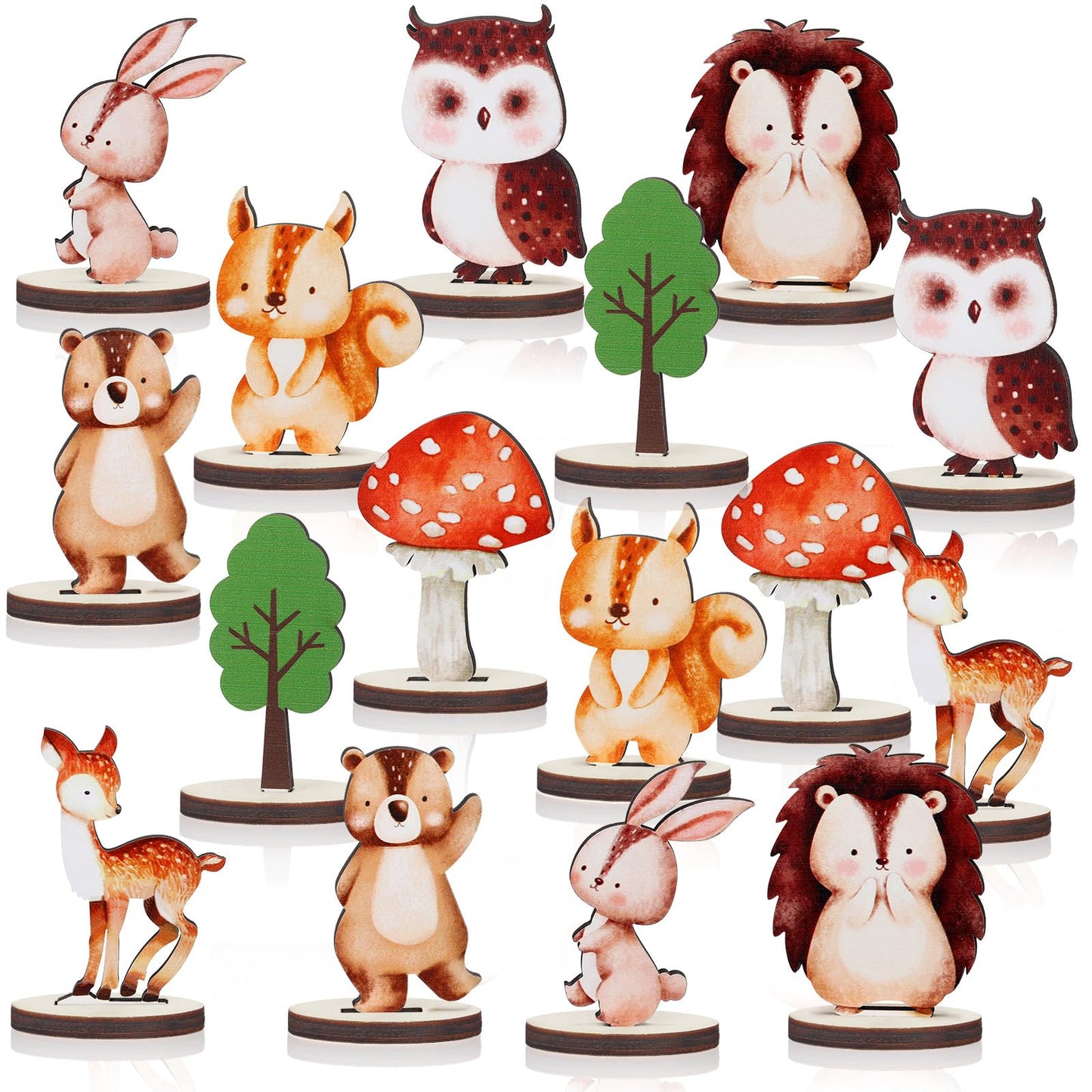 Bucherry 16 Pcs Woodland Animals Wood Cutouts – Centerpieces with Stands (8 Creatures)
