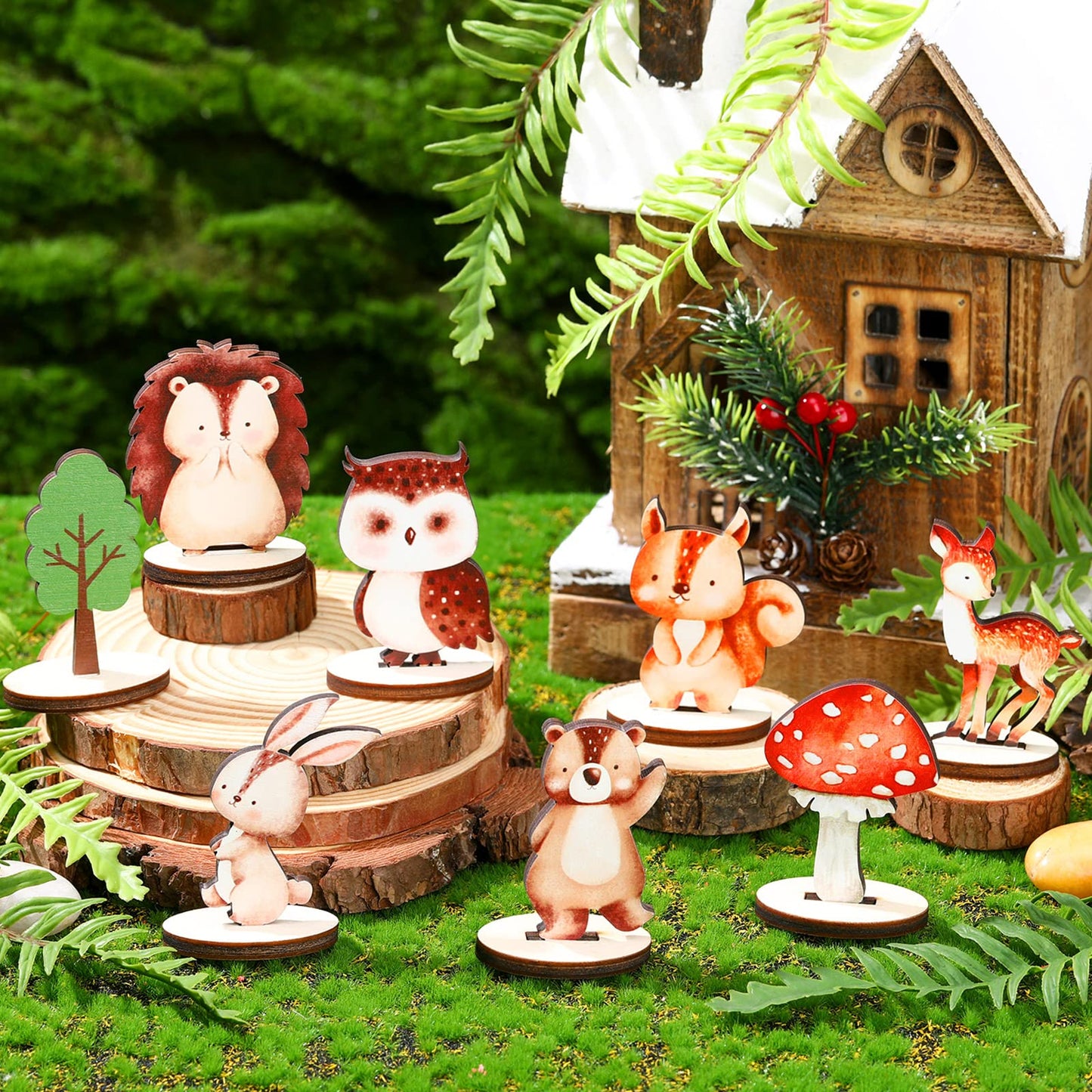 Bucherry 16 Pcs Woodland Animals Wood Cutouts – Centerpieces with Stands (8 Creatures)