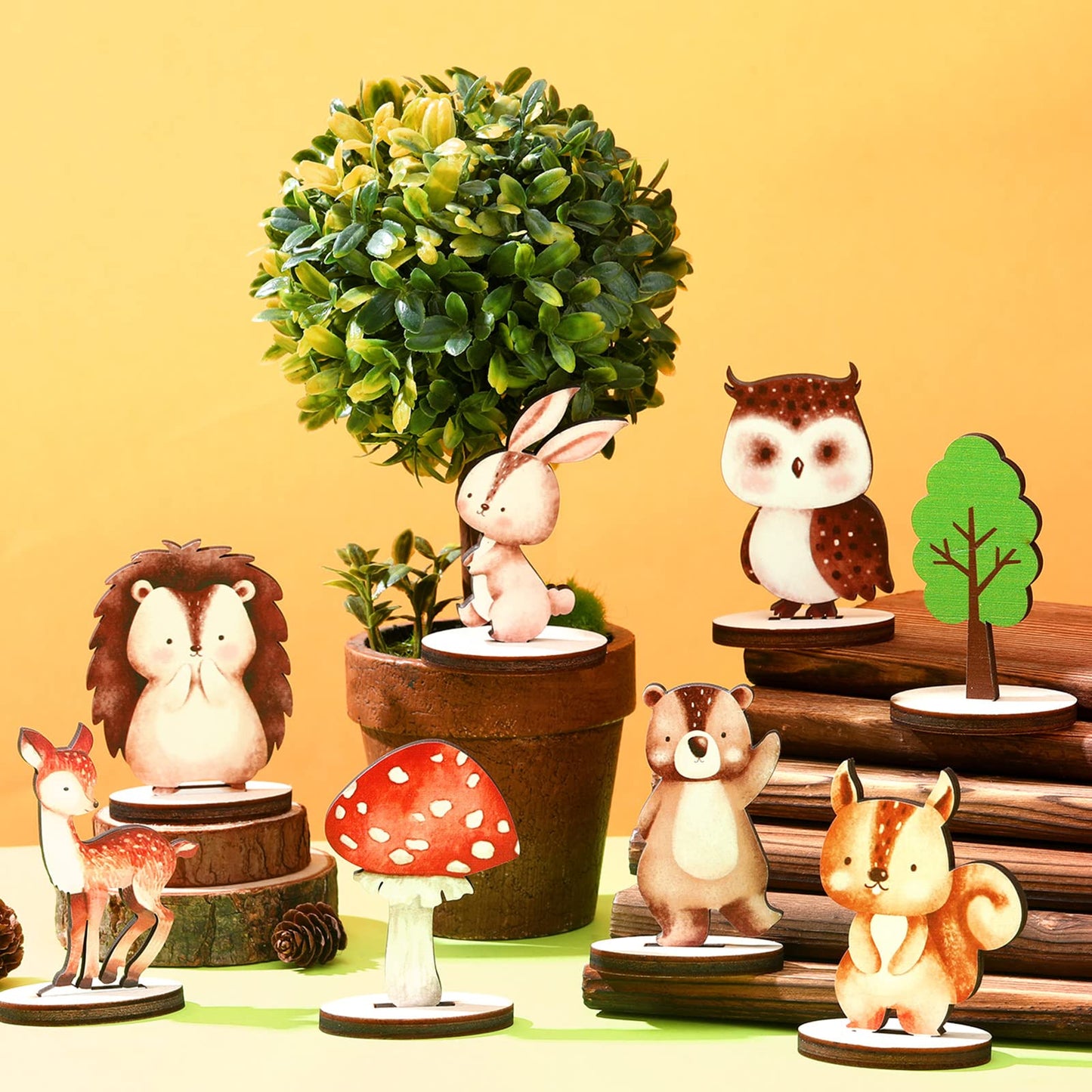 Bucherry 16 Pcs Woodland Animals Wood Cutouts – Centerpieces with Stands (8 Creatures)