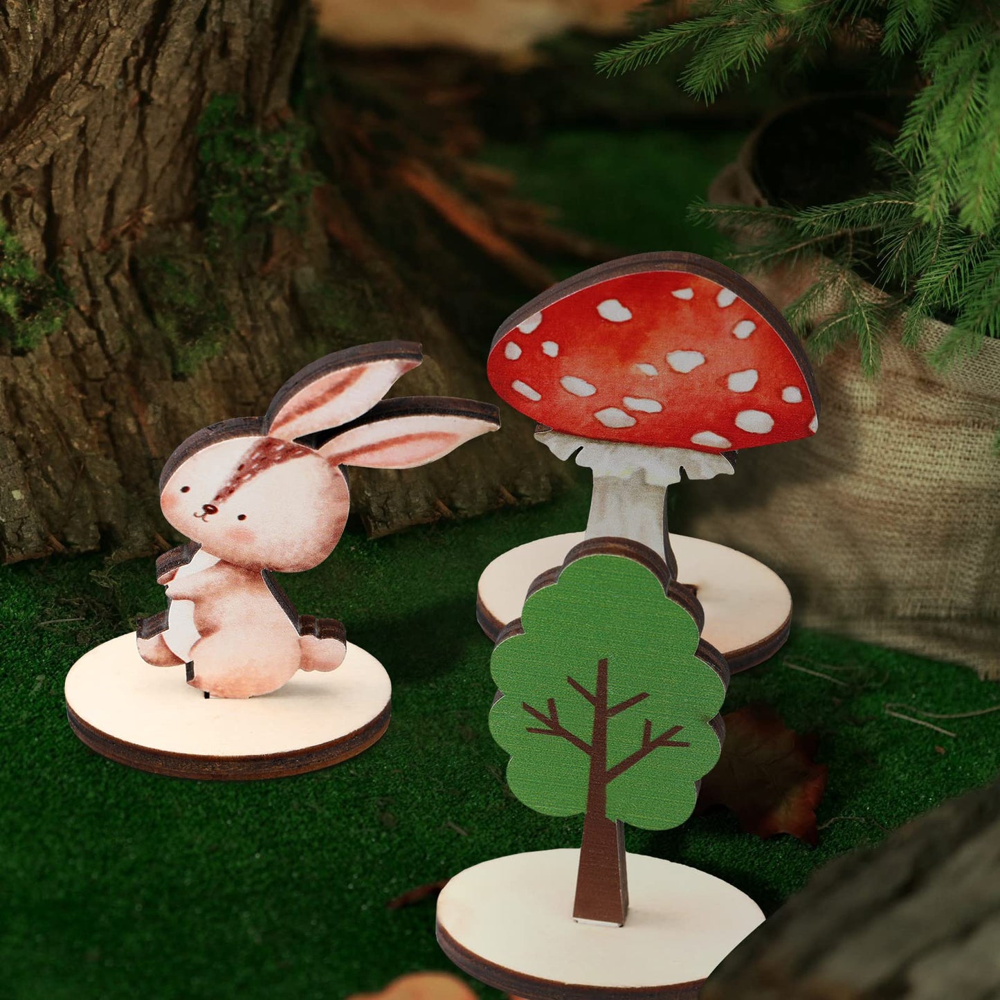 Bucherry 16 Pcs Woodland Animals Wood Cutouts – Centerpieces with Stands (8 Creatures)