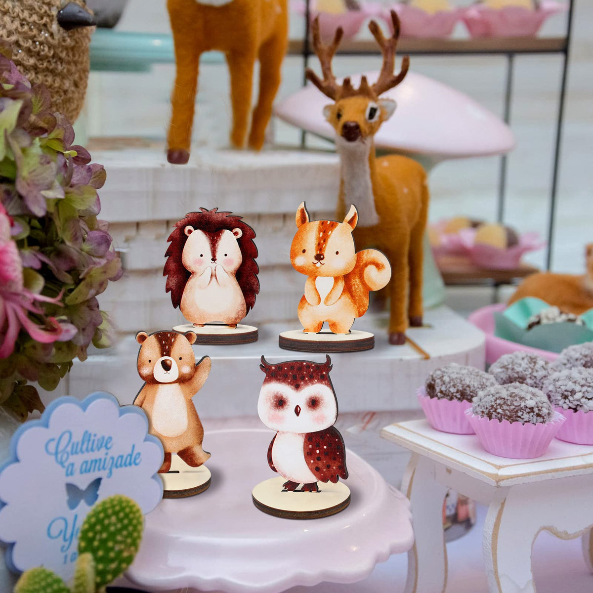 Bucherry 16 Pcs Woodland Animals Wood Cutouts – Centerpieces with Stands (8 Creatures)