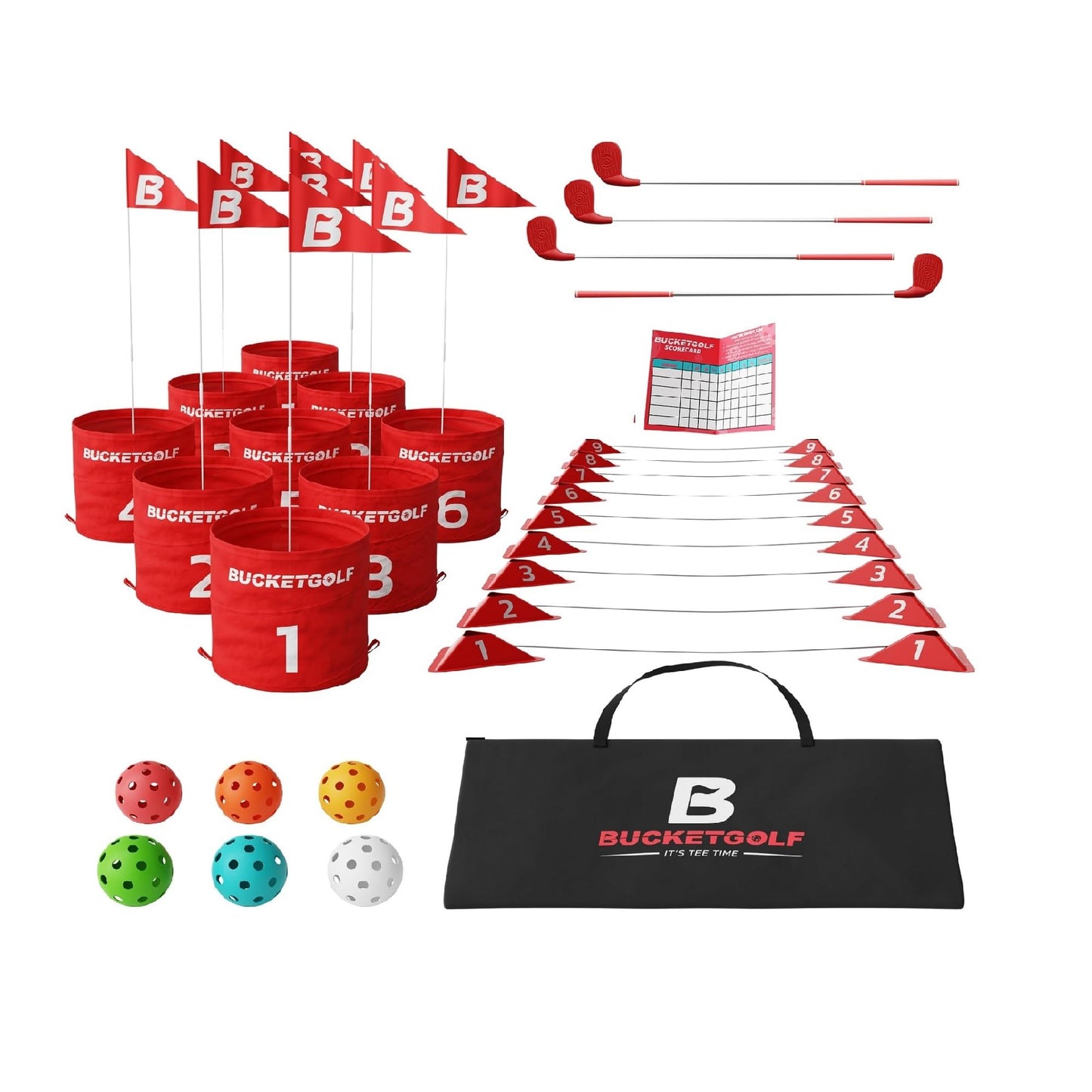 Bucketgolf 9-Hole Bundle with Clubs – Outdoor Family Golf Game, All Ages (4 Clubs, RH/LH)