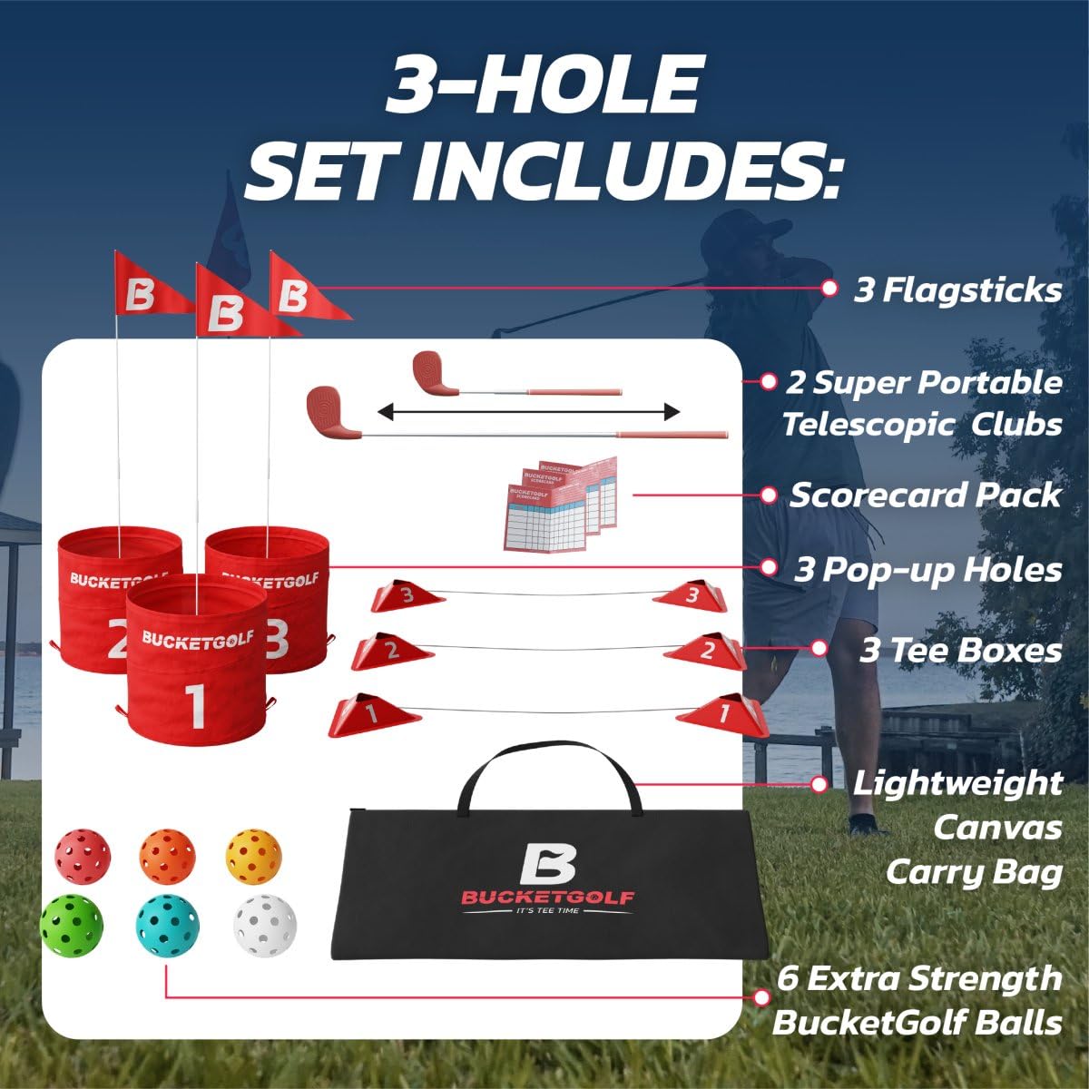 Bucketgolf Original Game 3-Hole Travel Set – Portable Backyard Golf for Adults (2 Right-Hand Clubs)