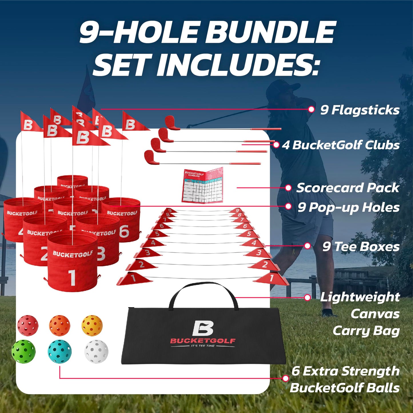 Bucketgolf 9-Hole Bundle with Clubs – Outdoor Family Golf Game, All Ages (4 Clubs, RH/LH)
