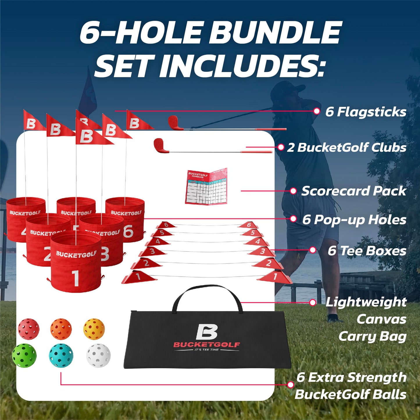 Bucketgolf Game 6-Hole Bundle with Clubs – Portable Backyard Golf for All Ages (2 RH)