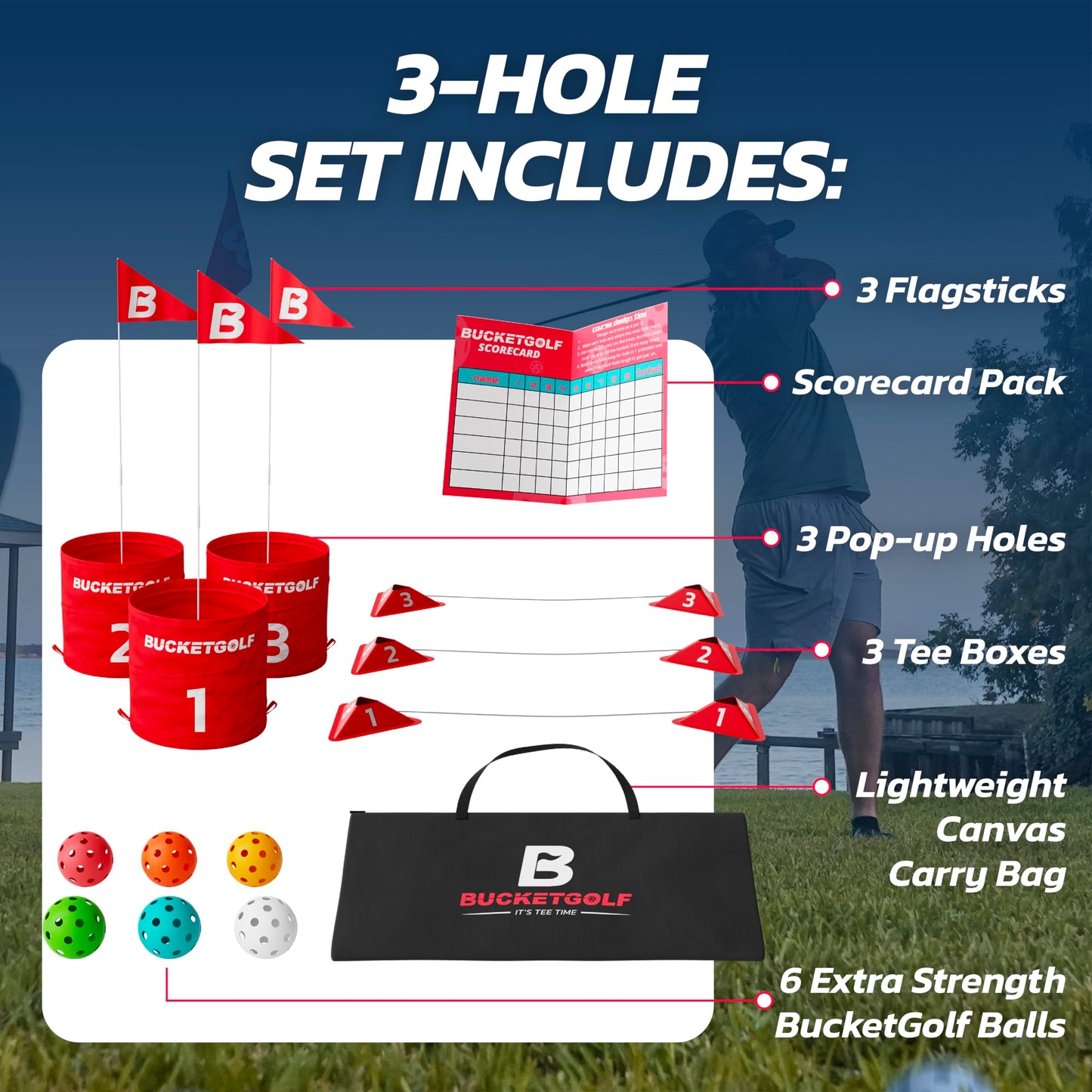 bucketgolf Original Game 3-Hole Travel Set – Backyard Golf for Adults | Portable Outdoor Fun