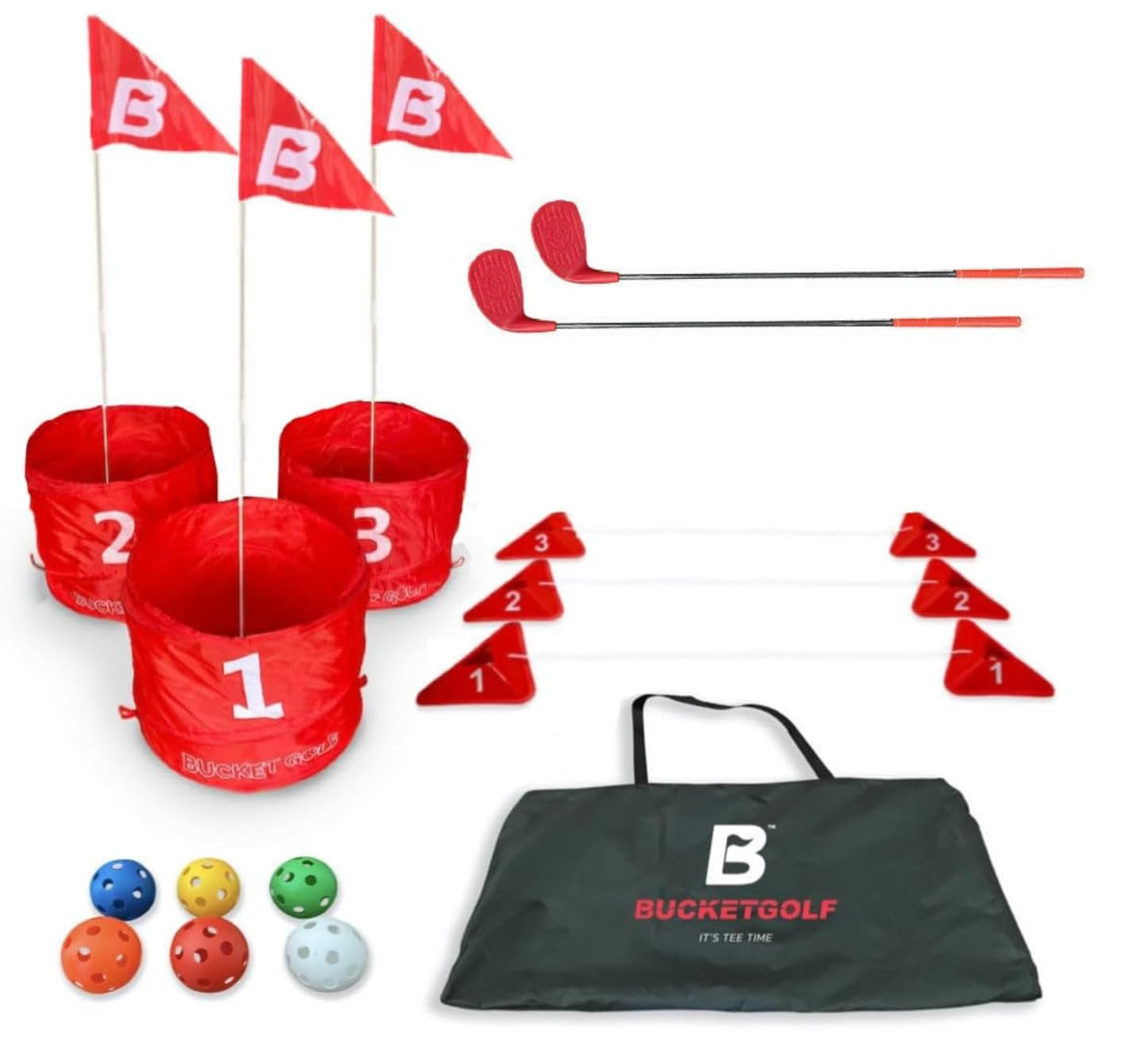 Bucketgolf Original Game 3-Hole Travel Set – Portable Backyard Golf for Adults (2 Right-Hand Clubs)