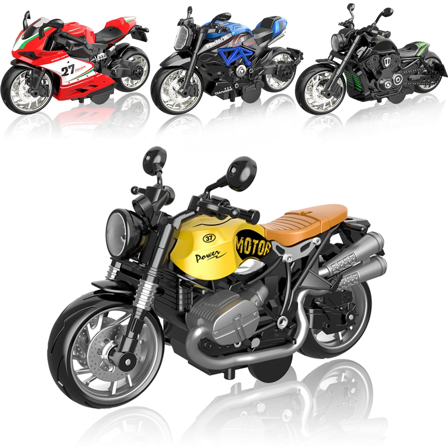 BUDARUNS 4 Pack Friction-Powered Alloy Motorcycle Toys – 1:12 Scale Diecast Pull-Back Cars with Lights & Sounds