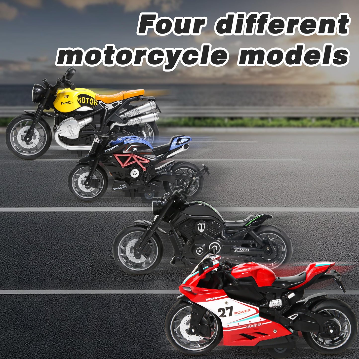 BUDARUNS 4 Pack Friction-Powered Alloy Motorcycle Toys – 1:12 Scale Diecast Pull-Back Cars with Lights & Sounds