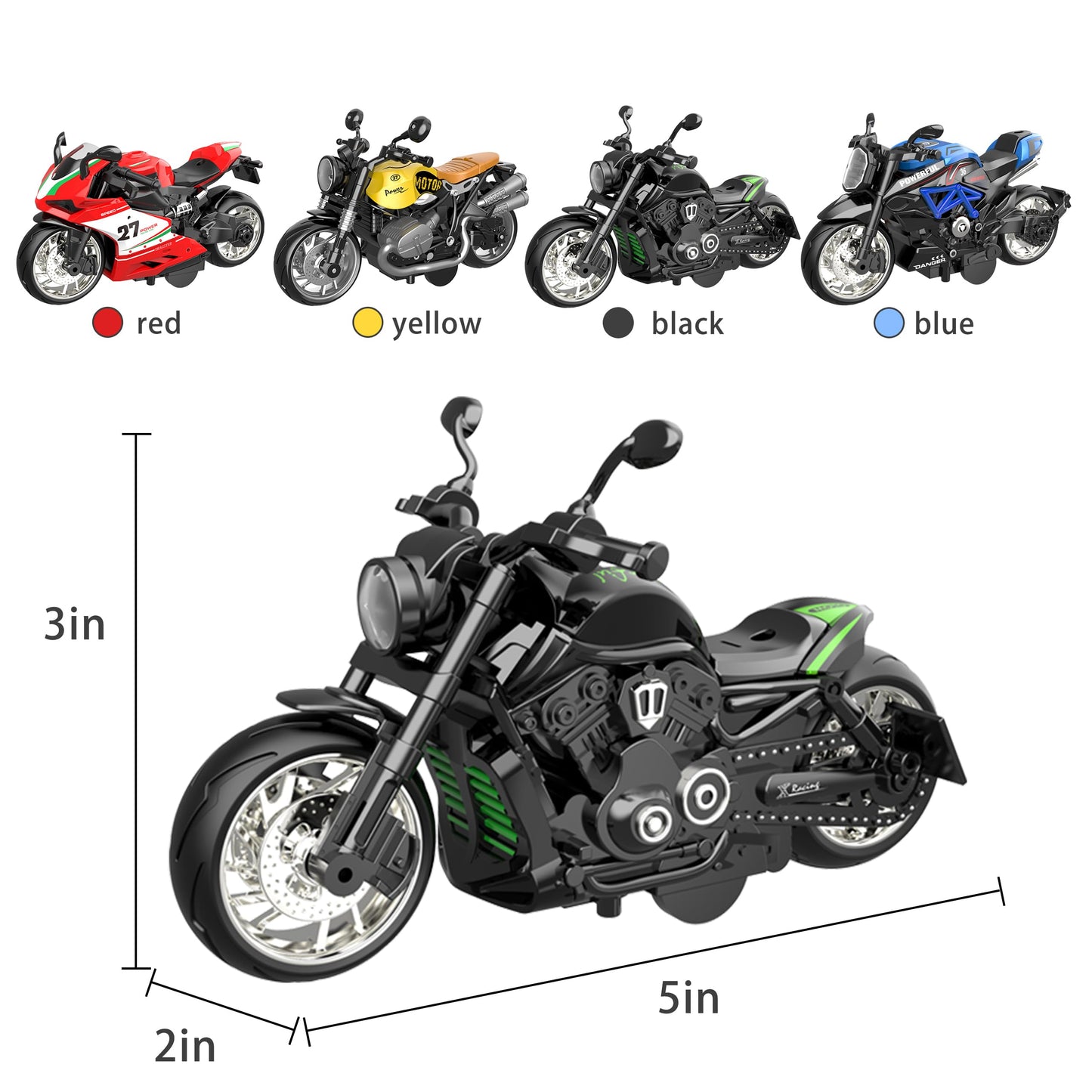 BUDARUNS 4 Pack Friction-Powered Alloy Motorcycle Toys – 1:12 Scale Diecast Pull-Back Cars with Lights & Sounds