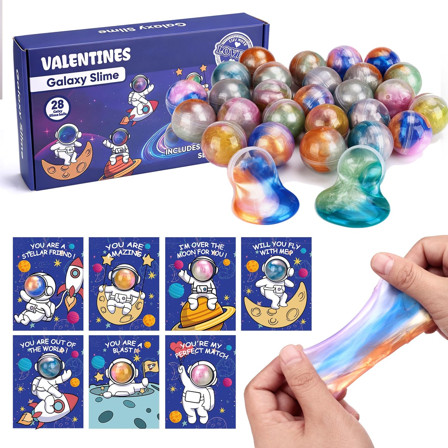 Budbof 28-Pack Galaxy Slime Valentines Day Cards for Kids – Space-Themed Classroom Gift Set