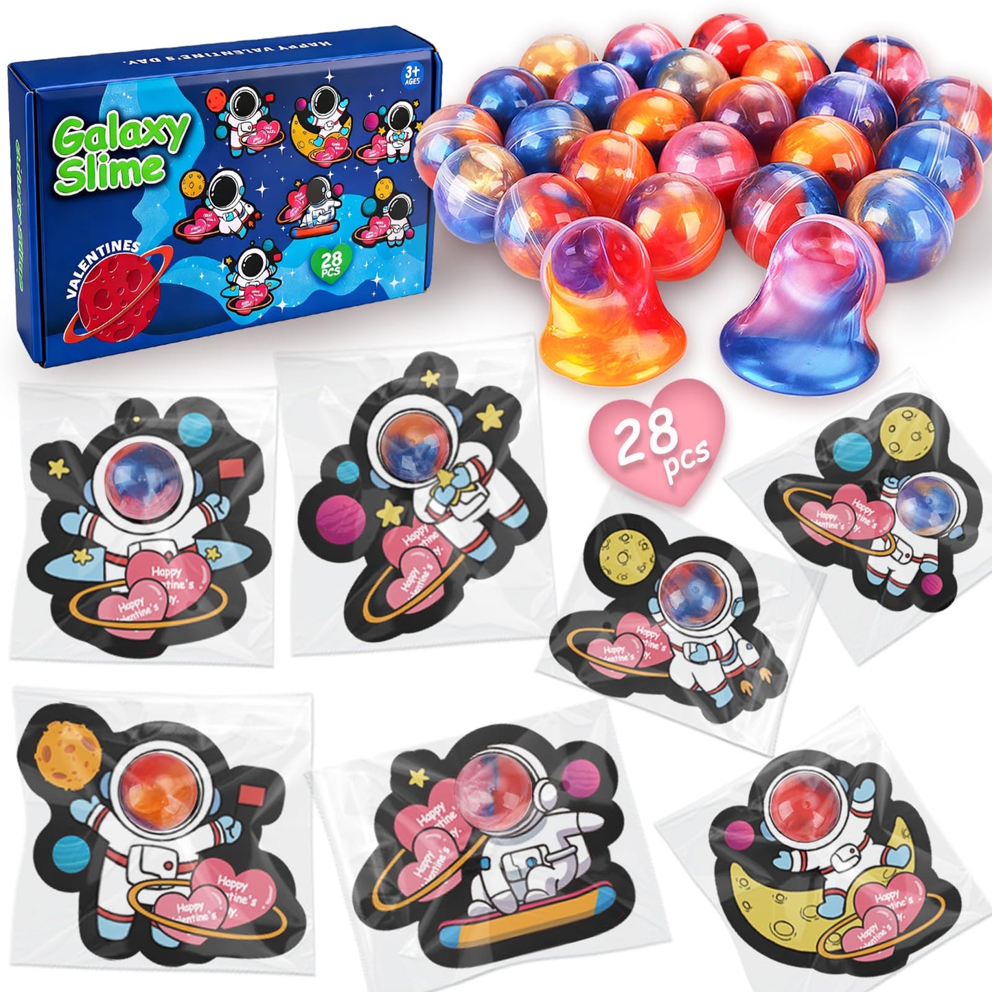 Budbof 28-Pack Valentines Galaxy Slime with Cards – Classroom Fidget Kit
