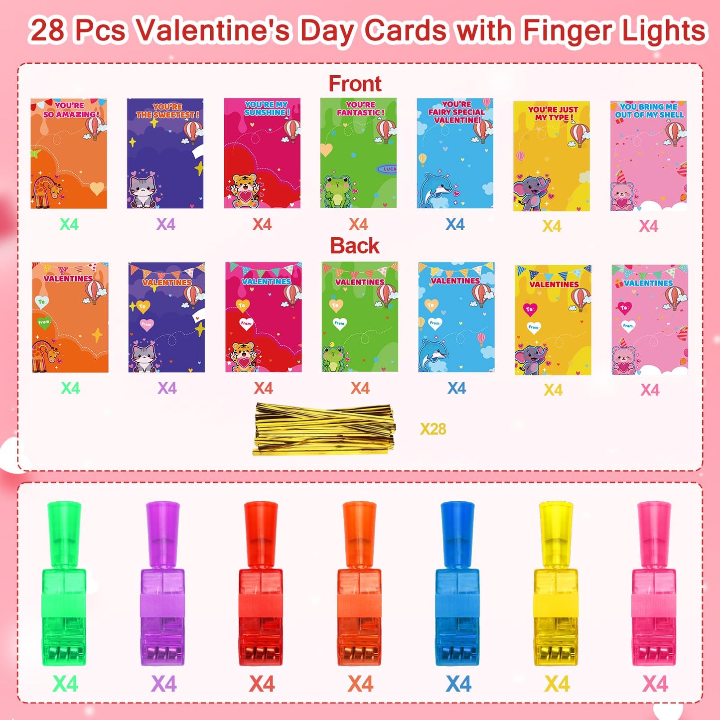 Budbof 28-Pack Valentines Cards with Finger Lights | Glow-In-The-Dark Classroom Gifts for Kids