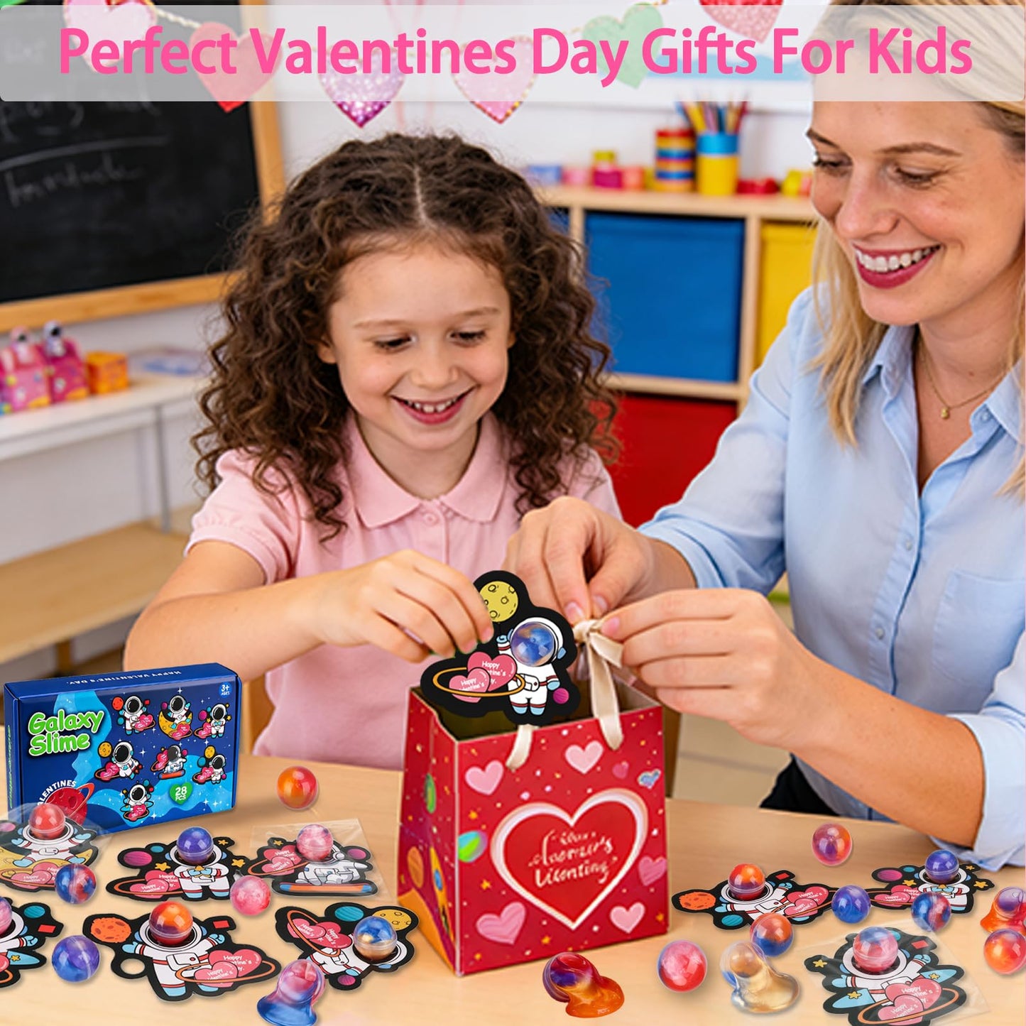 Budbof 28-Pack Galaxy Slime Valentines Cards for Kids – Classroom Valentine Gifts & Party Favors
