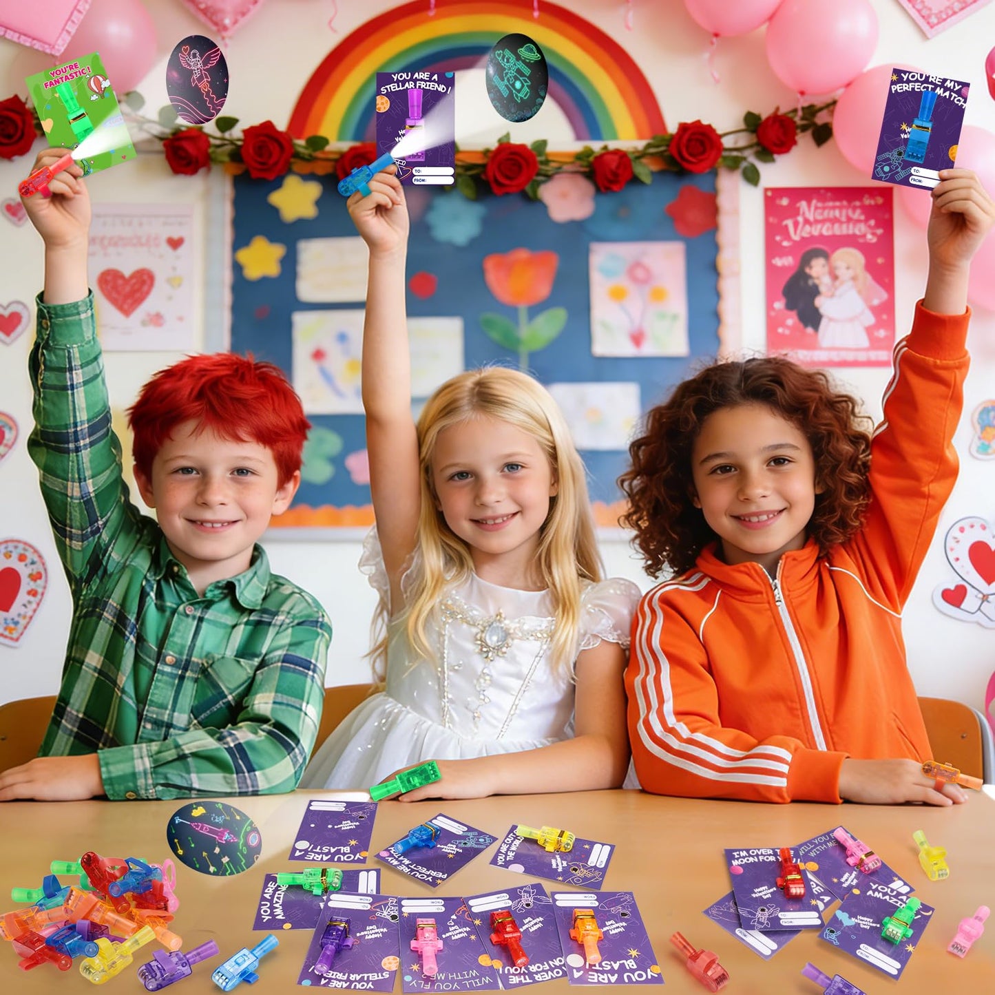 Budbof 28-Pack LED Finger Lights & Valentines Cards for Classroom Gifts