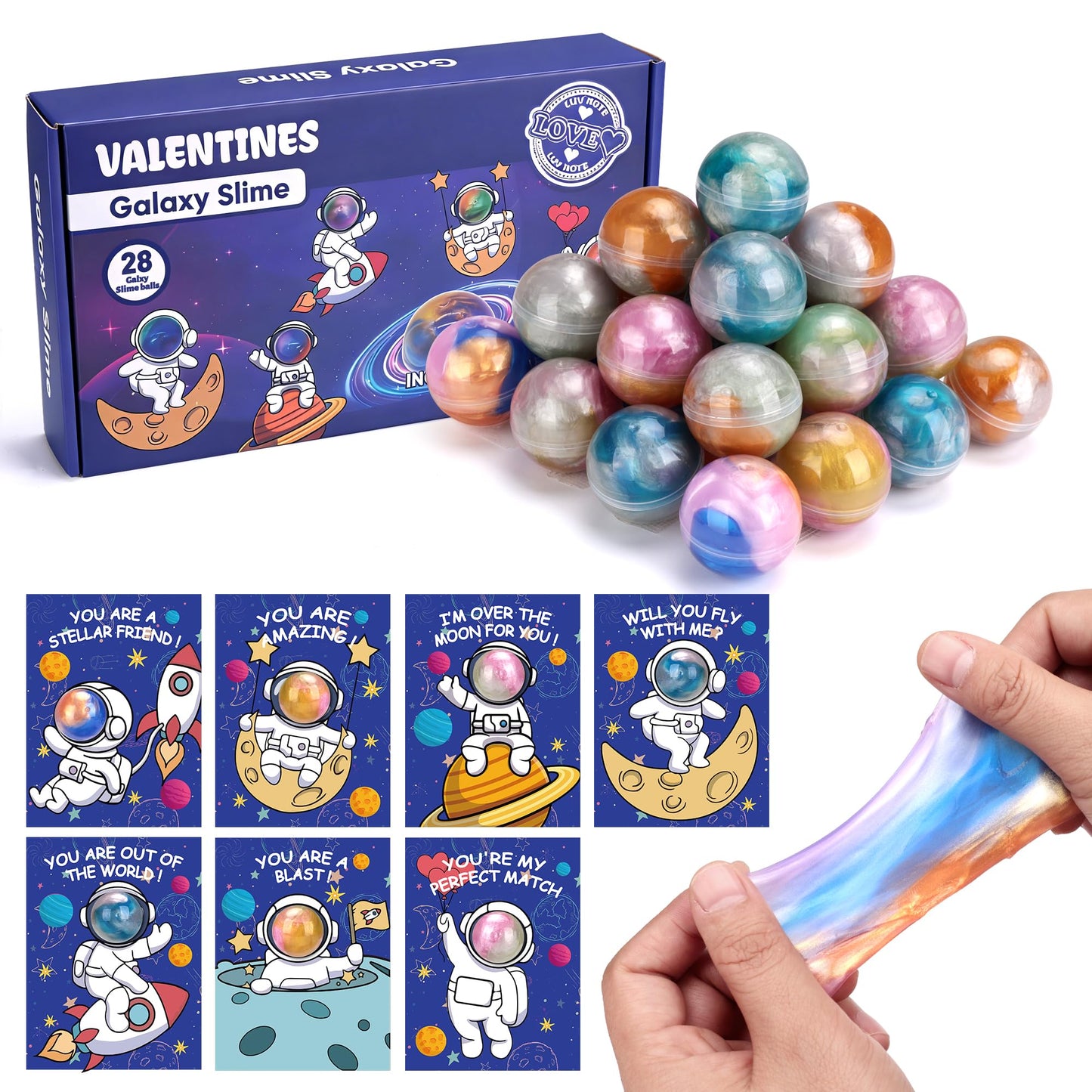 Budbof 28-Pack Galaxy Slime Valentines Gift Set for Kids – Space-Themed Cards & Fidget Toys