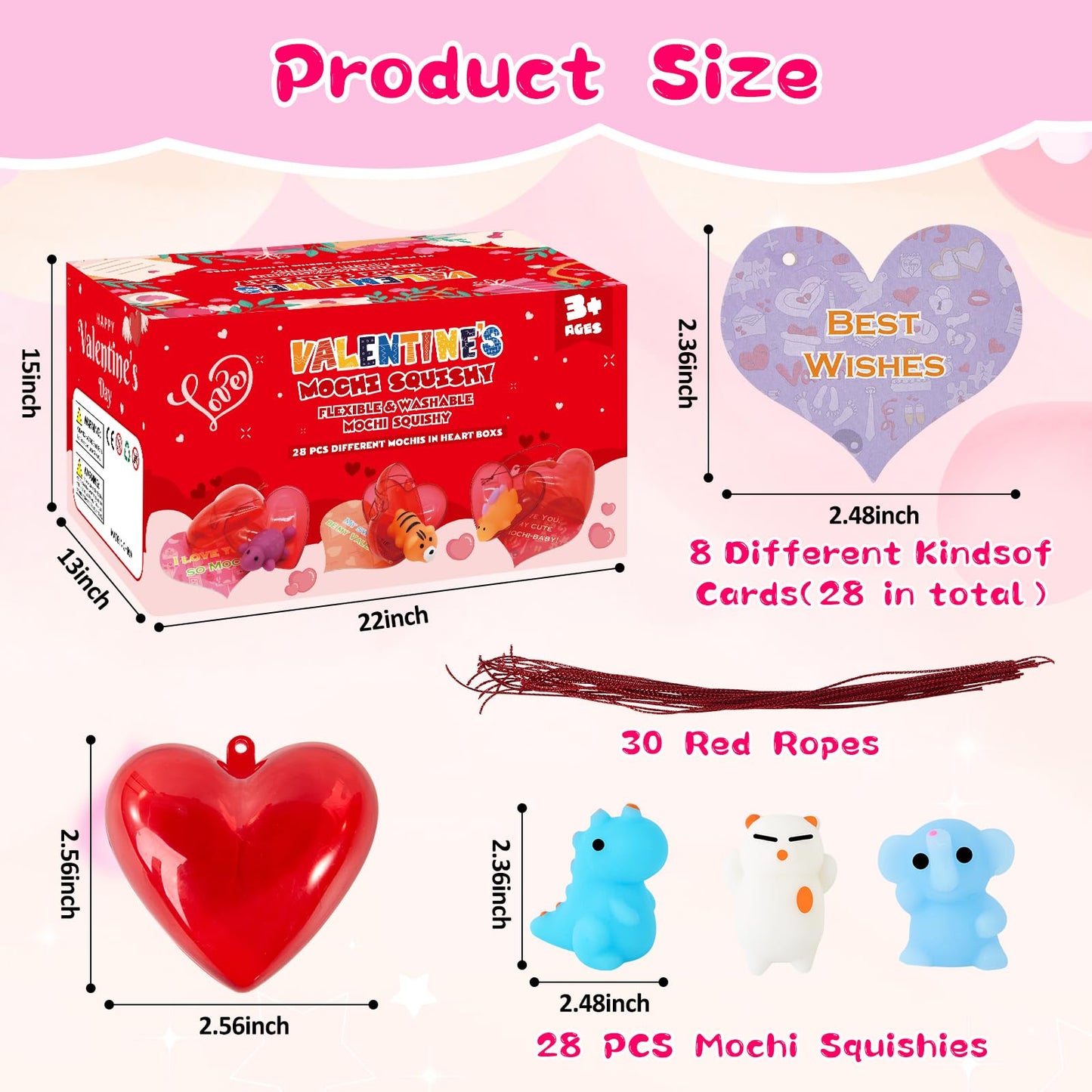 Budbof 28-Pack Valentine Gift Set — Cute Mochi Squishy Toys, Heart Boxes & Cards