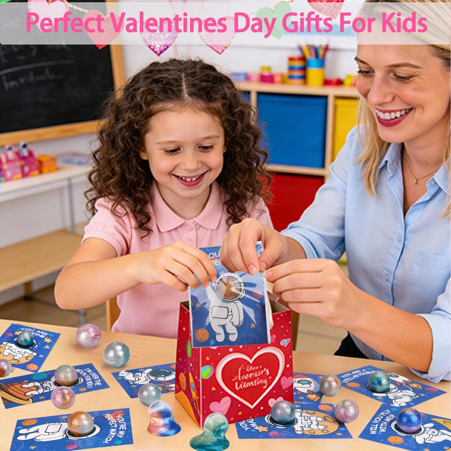 Budbof 28-Pack Galaxy Slime Valentines Day Cards for Kids – Space-Themed Classroom Gift Set