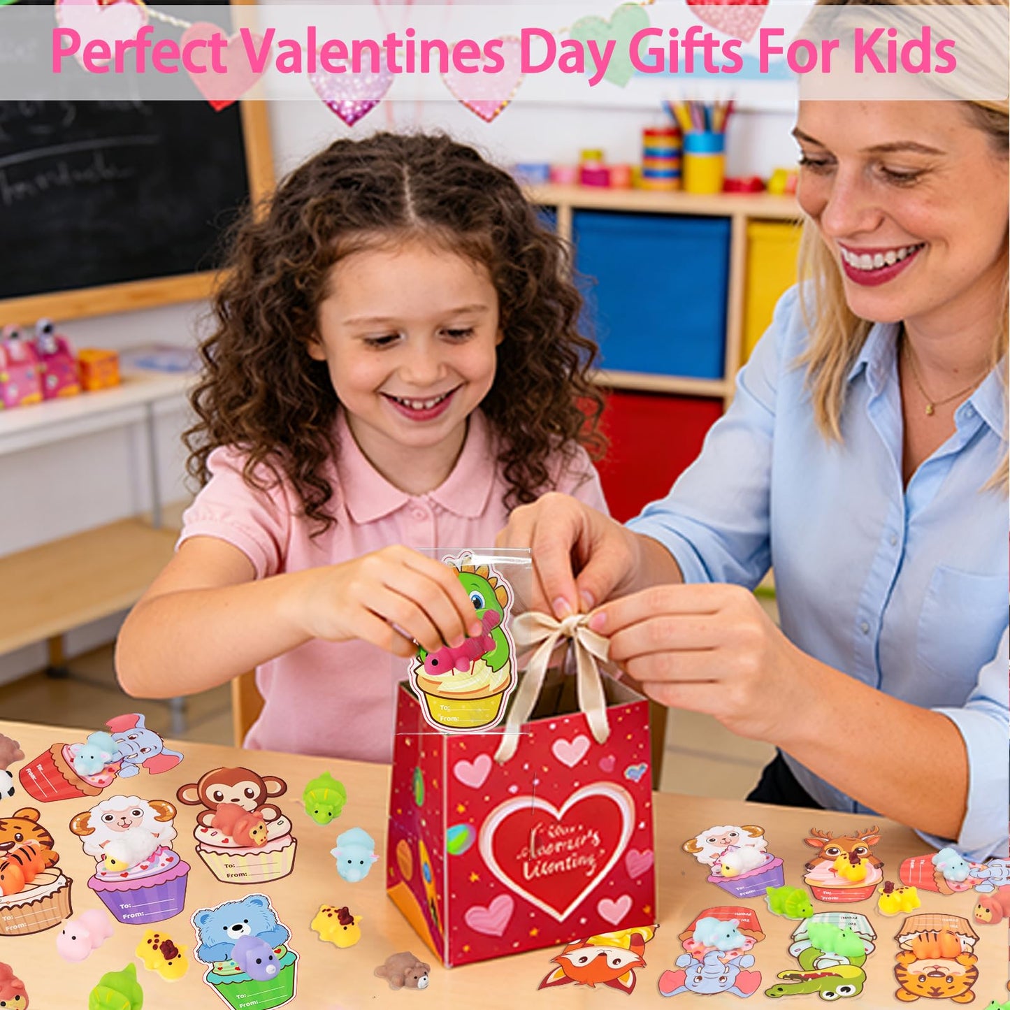 Budbof 28-Pack Valentines Mochi Squishies with Cards | Classroom Gifts & Party Favors