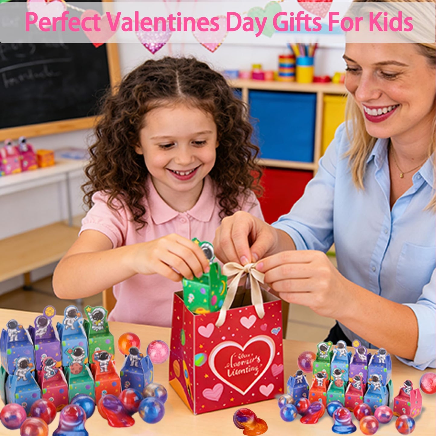 Budbof 28-Pack Valentines Galaxy Slime with Space Gift Boxes & Cards – Classroom Favors
