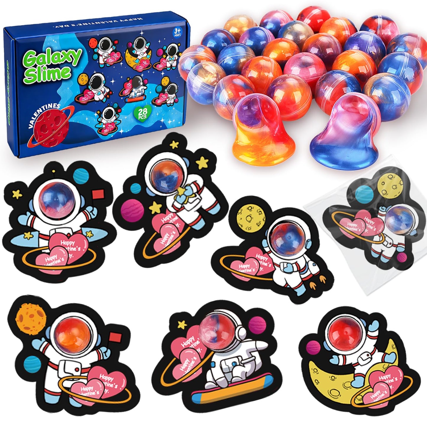 Budbof 28-Pack Galaxy Slime Valentines Cards for Kids – Classroom Valentine Gifts & Party Favors